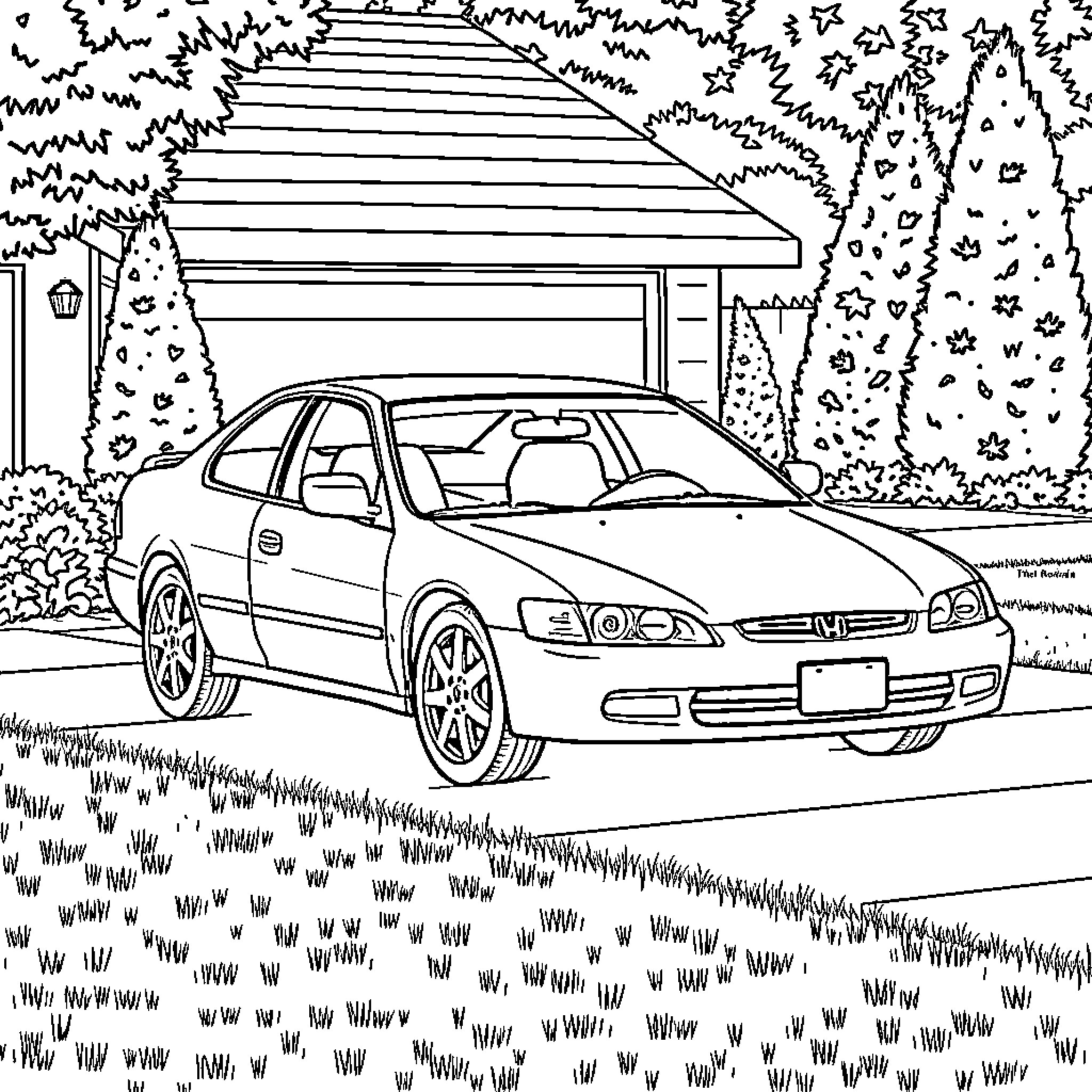 Honda Accord parked in a scenic suburban neighborhood Coloring Page (free black-and-white line drawing printable PDF for all, from beginners to advanced learners, including children, teens, adults, and seniors)