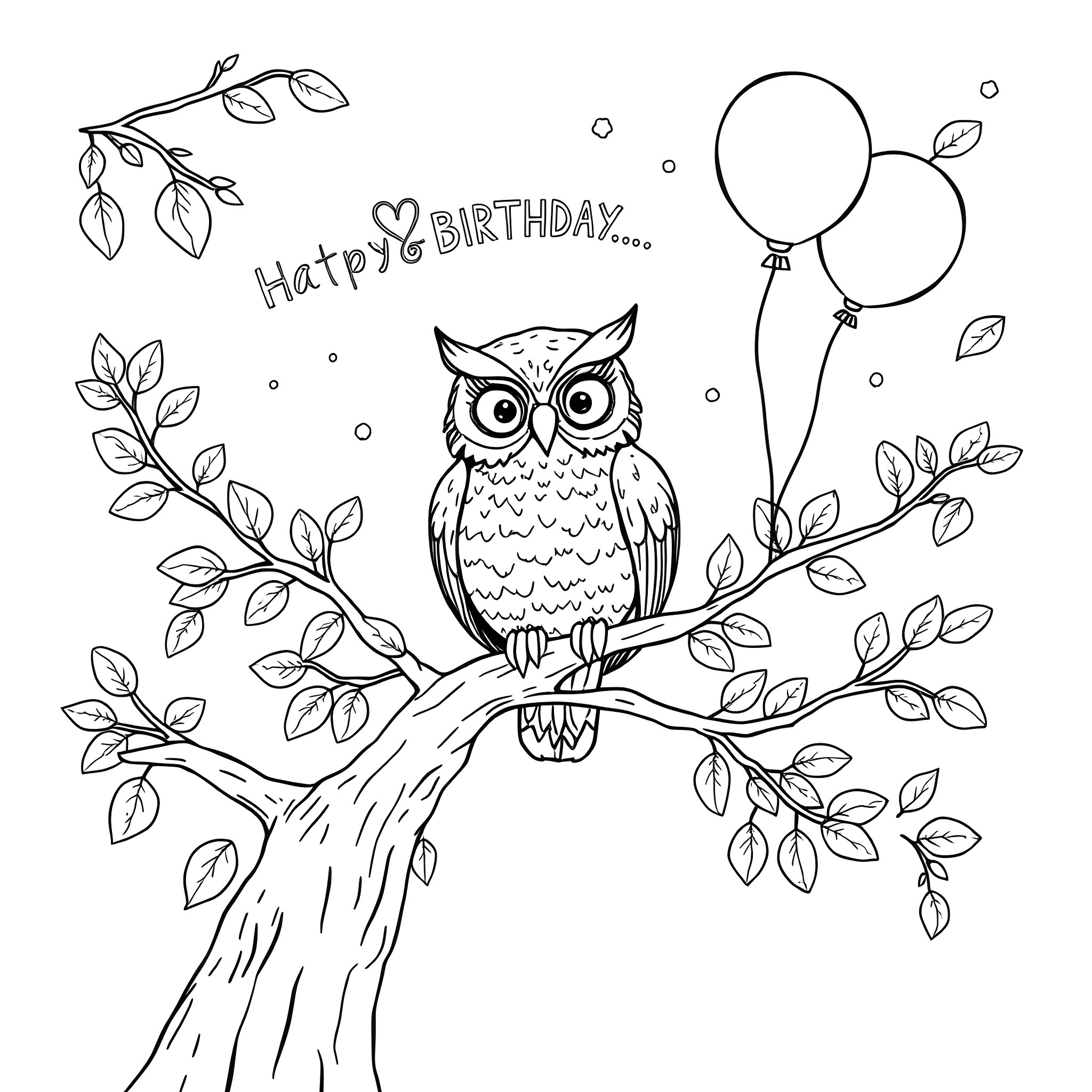 Owl perched on branch with birthday balloons Coloring Page (free black-and-white line drawing printable PDF for all, from beginners to advanced learners, including children, teens, adults, and seniors)