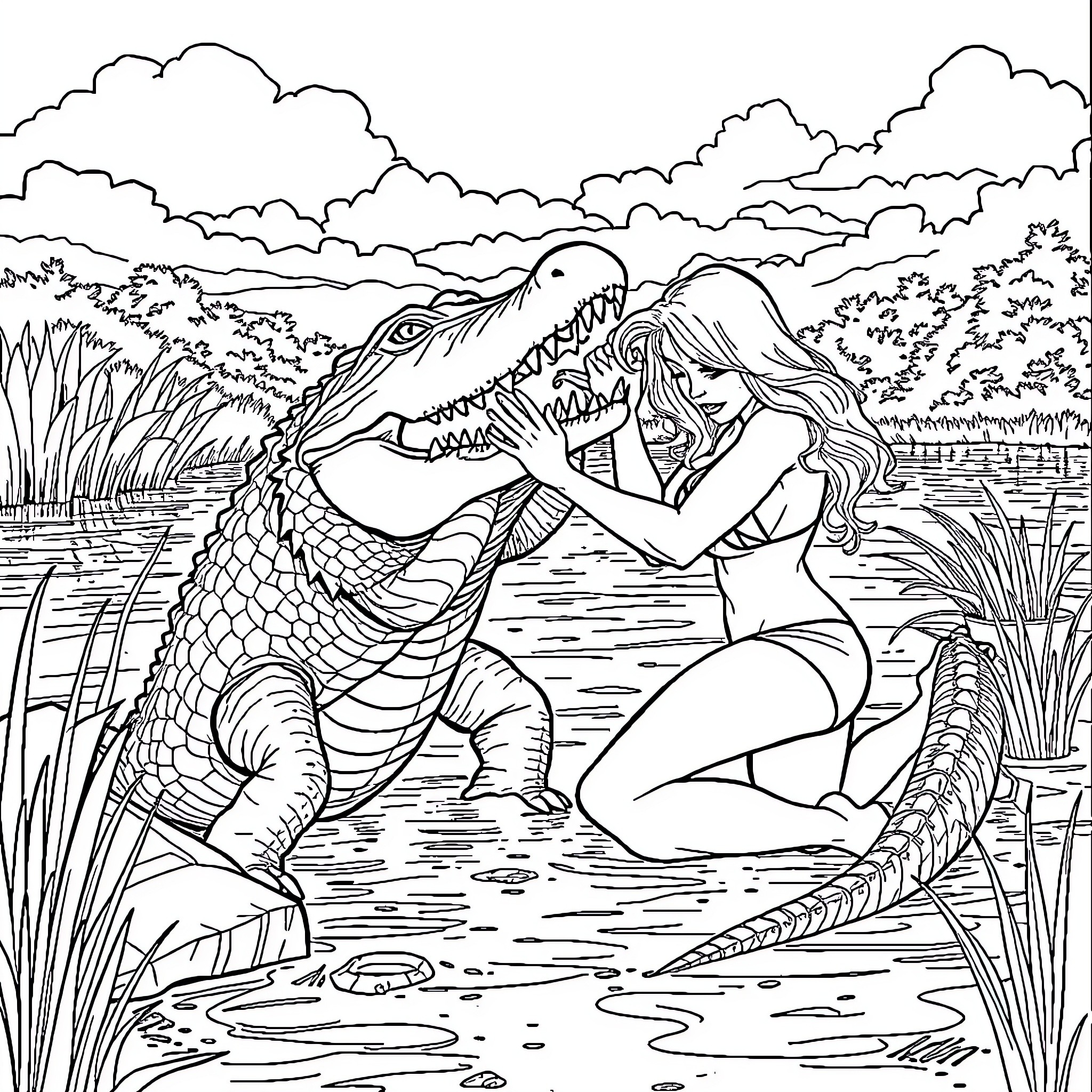 Pamela Anderson wrestling with an alligator in a swamp Coloring Page (free black-and-white line drawing printable PDF for all, from beginners to advanced learners, including children, teens, adults, and seniors)