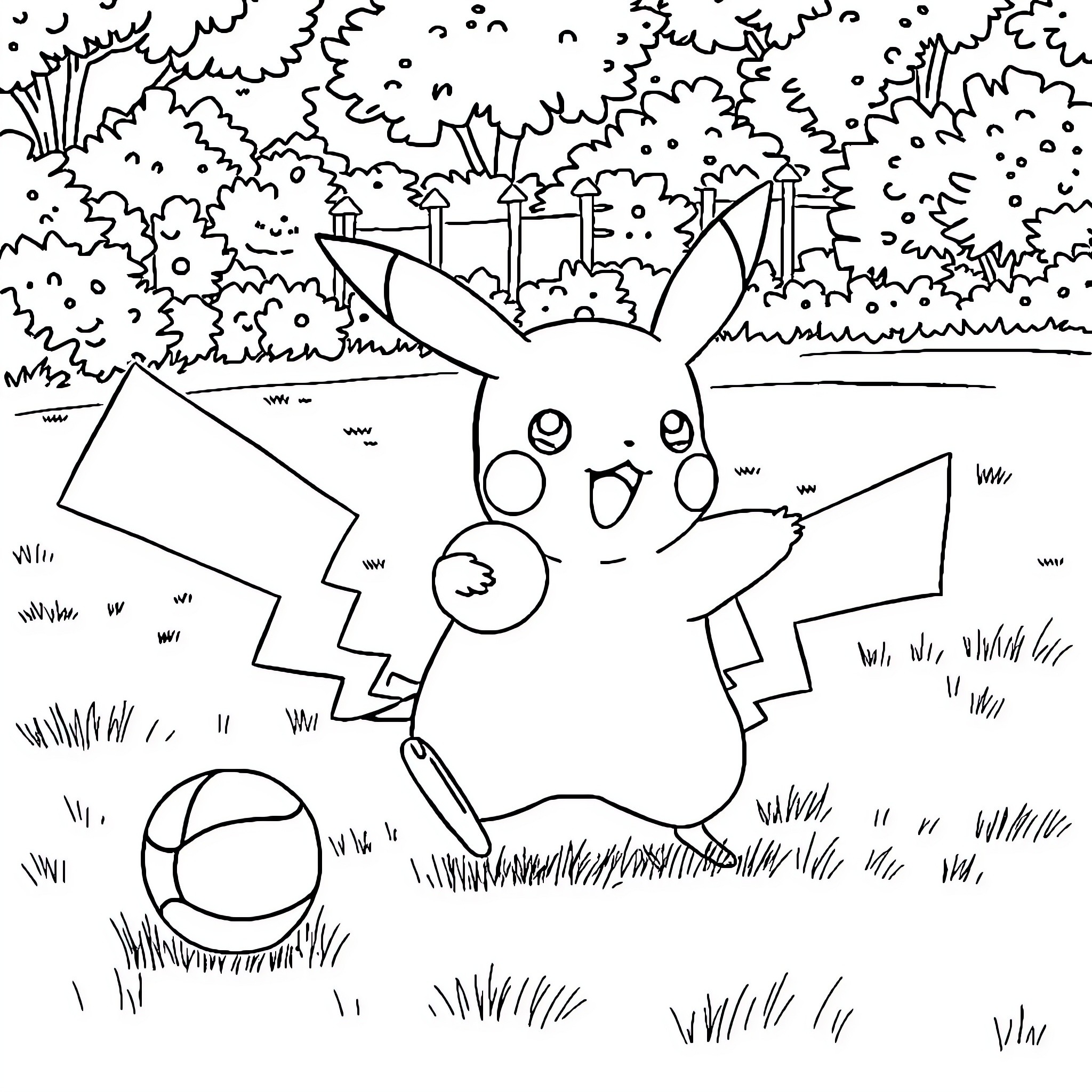 Pikachu enjoying a playful day in the park Coloring Page (free black-and-white line drawing printable PDF for all, from beginners to advanced learners, including children, teens, adults, and seniors)