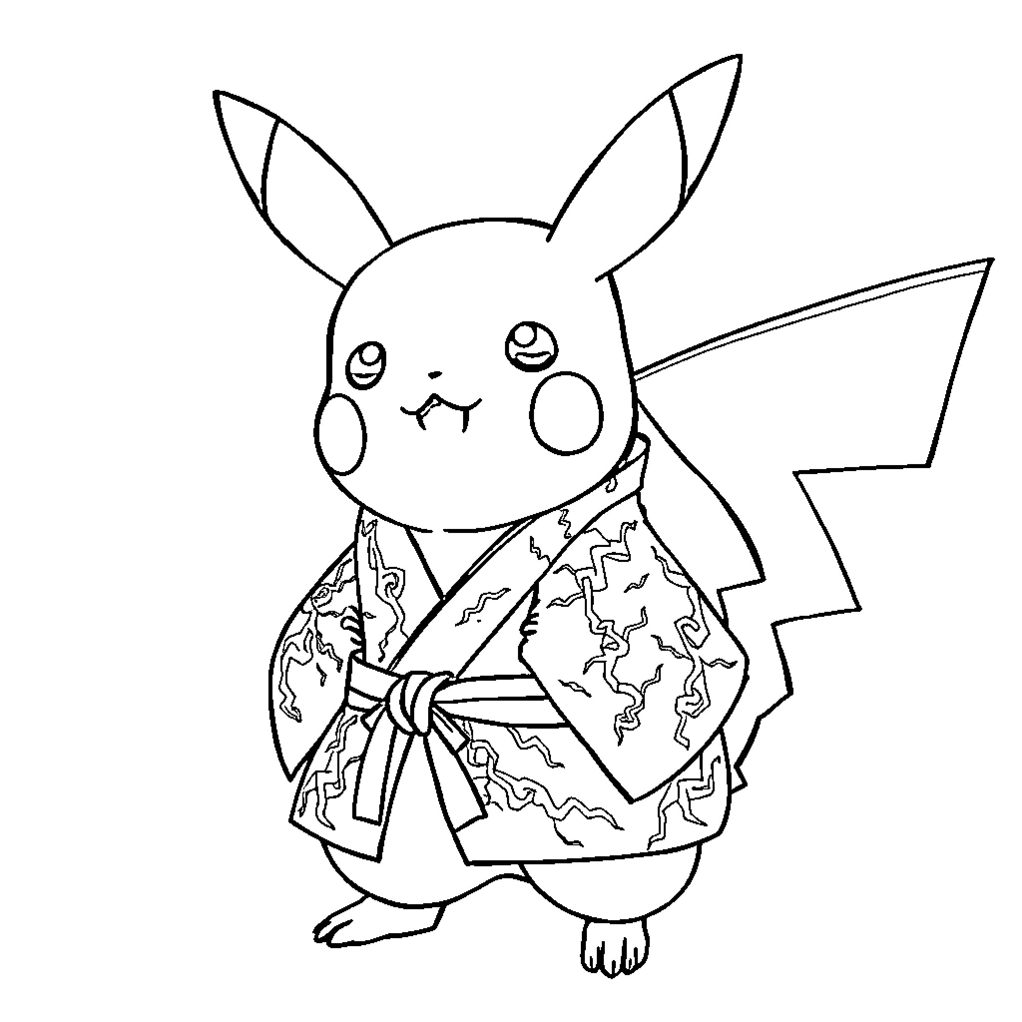 Pikachu dressed in traditional Japanese attire Coloring Page (free black-and-white line drawing printable PDF for all, from beginners to advanced learners, including children, teens, adults, and seniors)