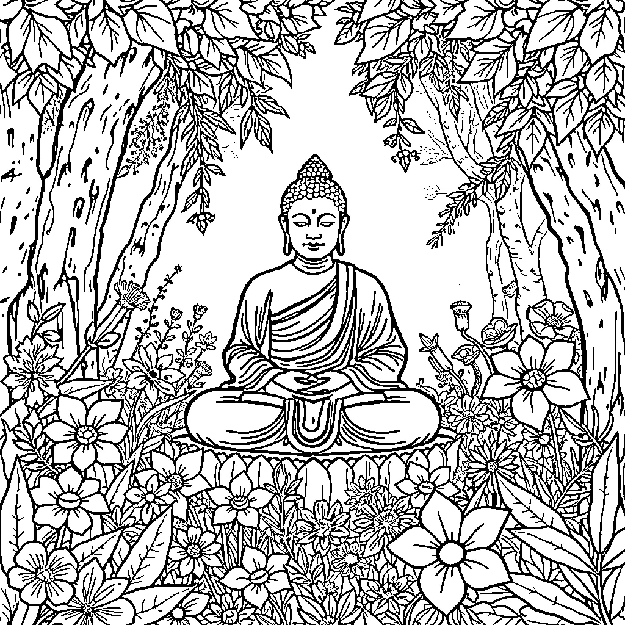 Buddha sitting in serene nature Coloring Page (free black-and-white line drawing printable PDF for all, from beginners to advanced learners, including children, teens, adults, and seniors)