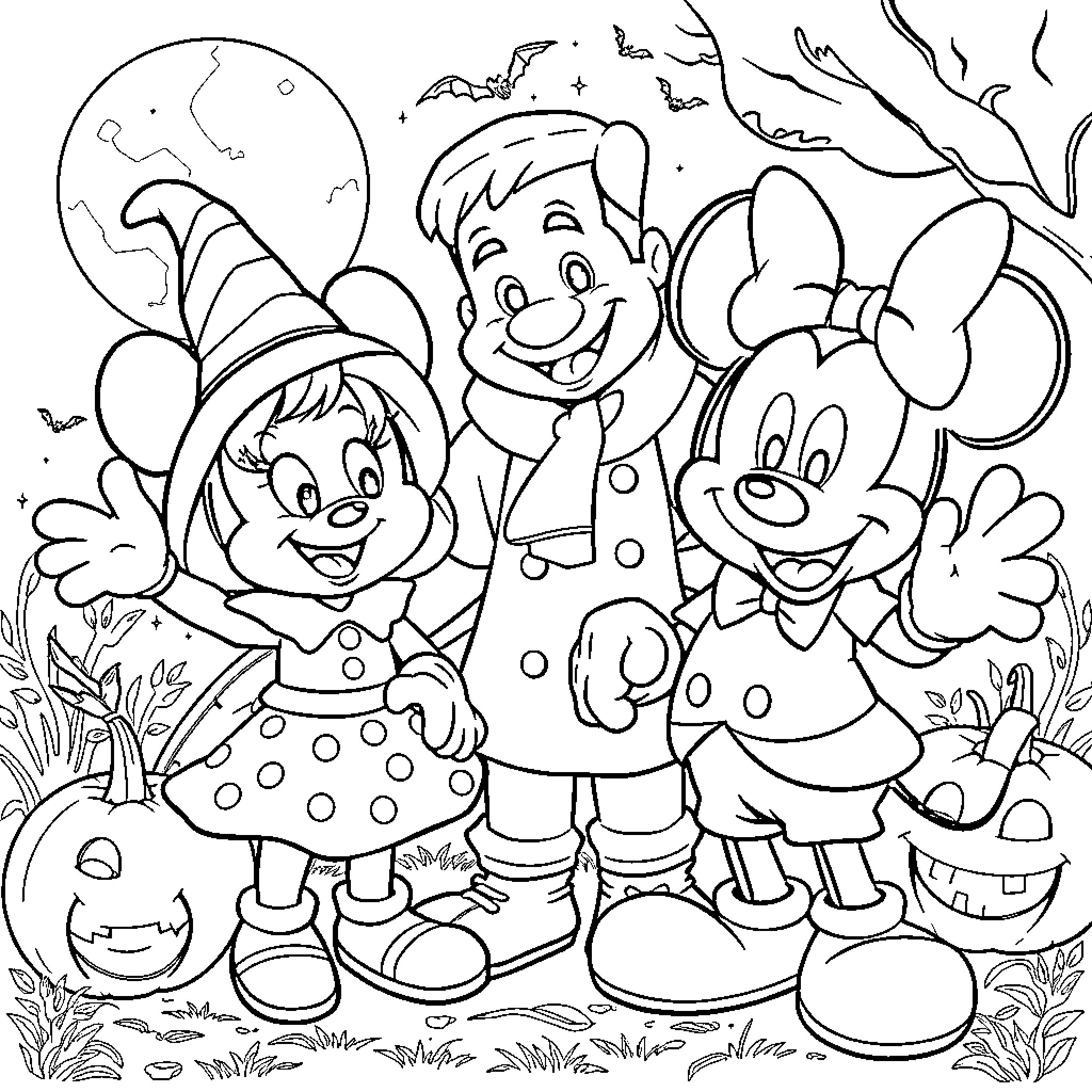Halloween costume party with cartoon characters Coloring Page (free black-and-white line drawing printable PDF for all, from beginners to advanced learners, including children, teens, adults, and seniors)