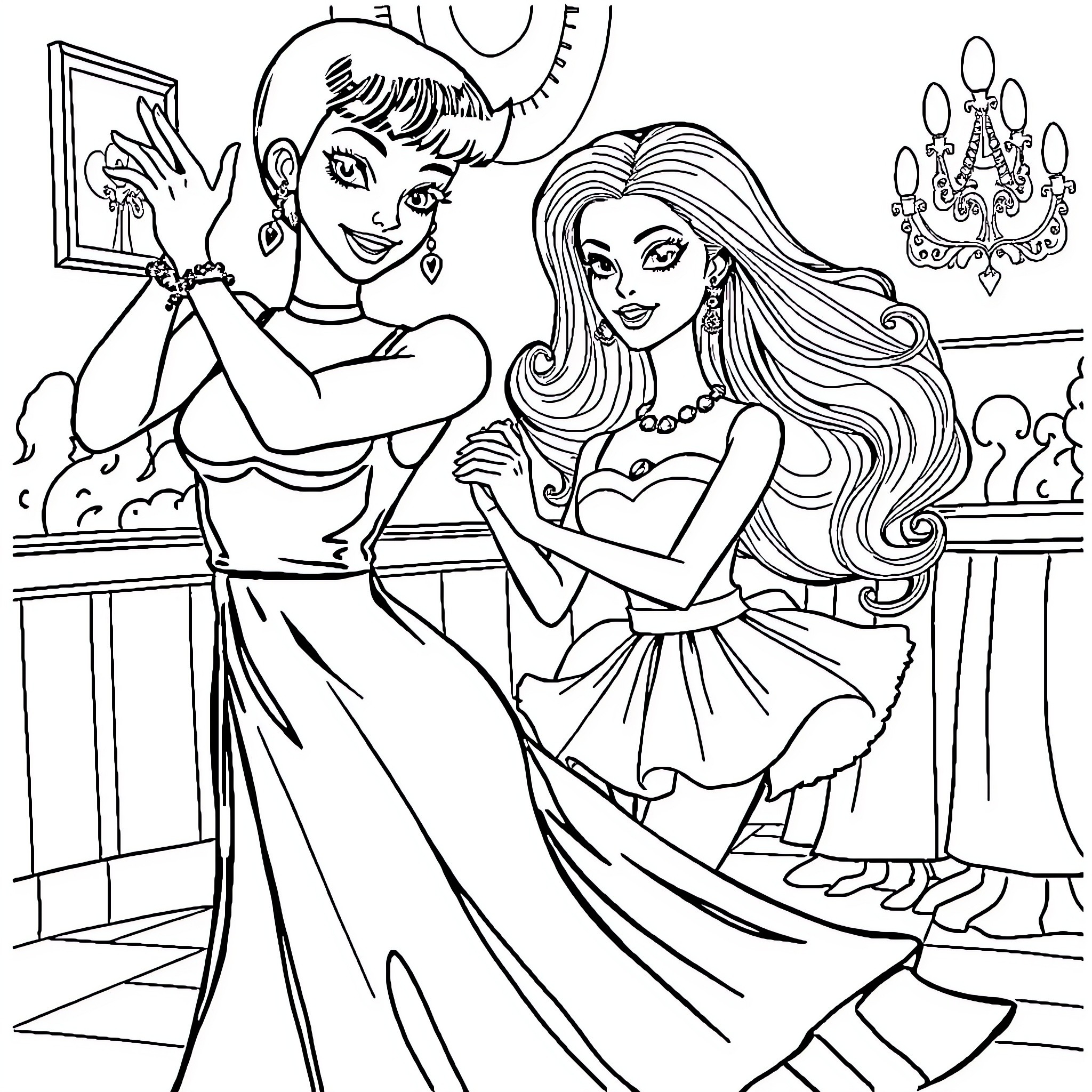 Wednesday Adams and her friend dancing in a lavish setting Coloring Page (free black-and-white line drawing printable PDF for all, from beginners to advanced learners, including children, teens, adults, and seniors)