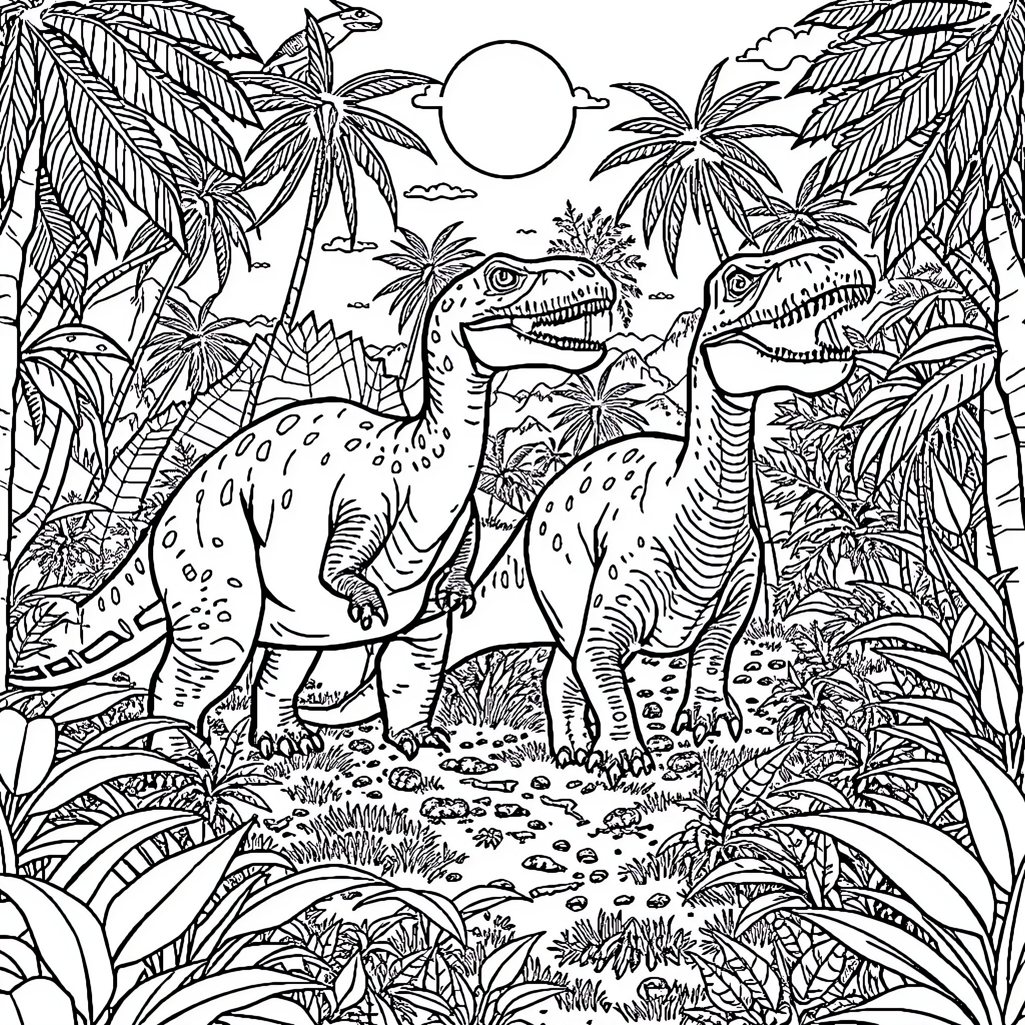 Dinosaurs exploring the lush tropical landscape Coloring Page (free black-and-white line drawing printable PDF for all, from beginners to advanced learners, including children, teens, adults, and seniors)