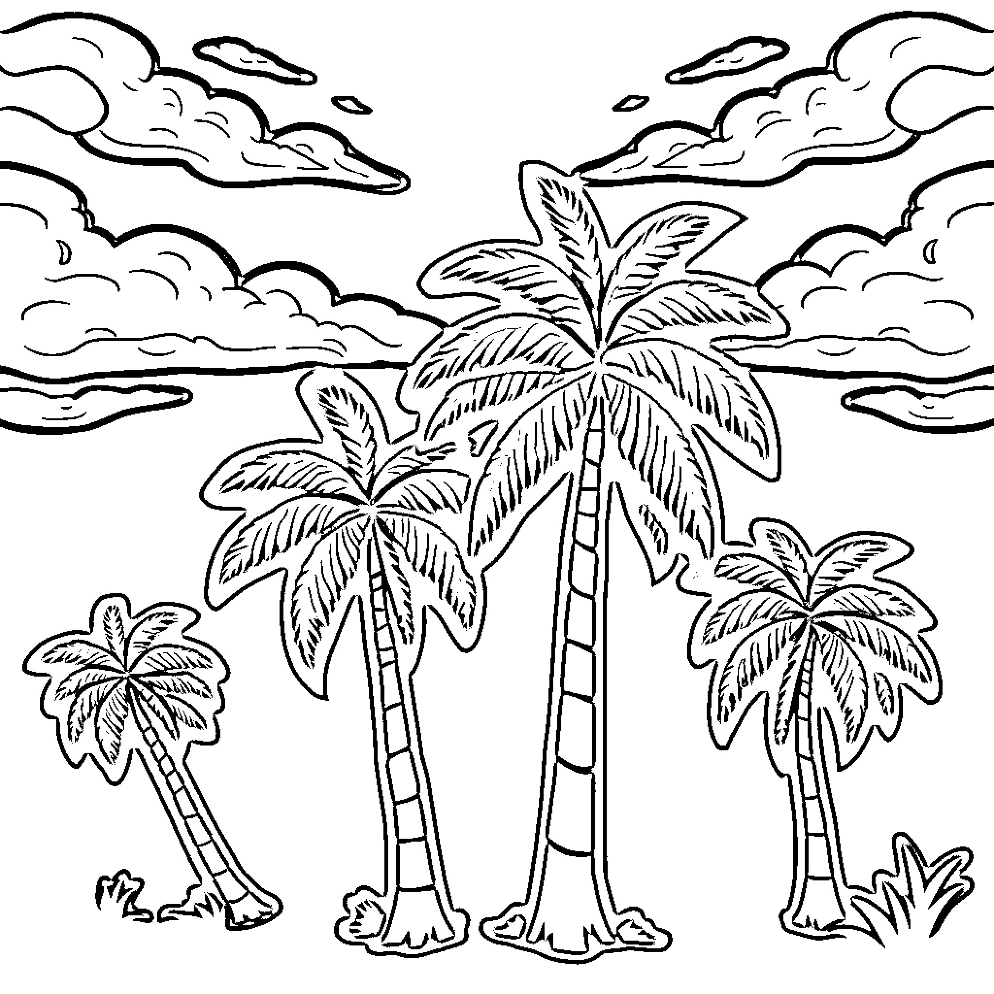 Palm Tree Landscape with Clouds and Sky Coloring Page (free black-and-white line drawing printable PDF for all, from beginners to advanced learners, including children, teens, adults, and seniors)