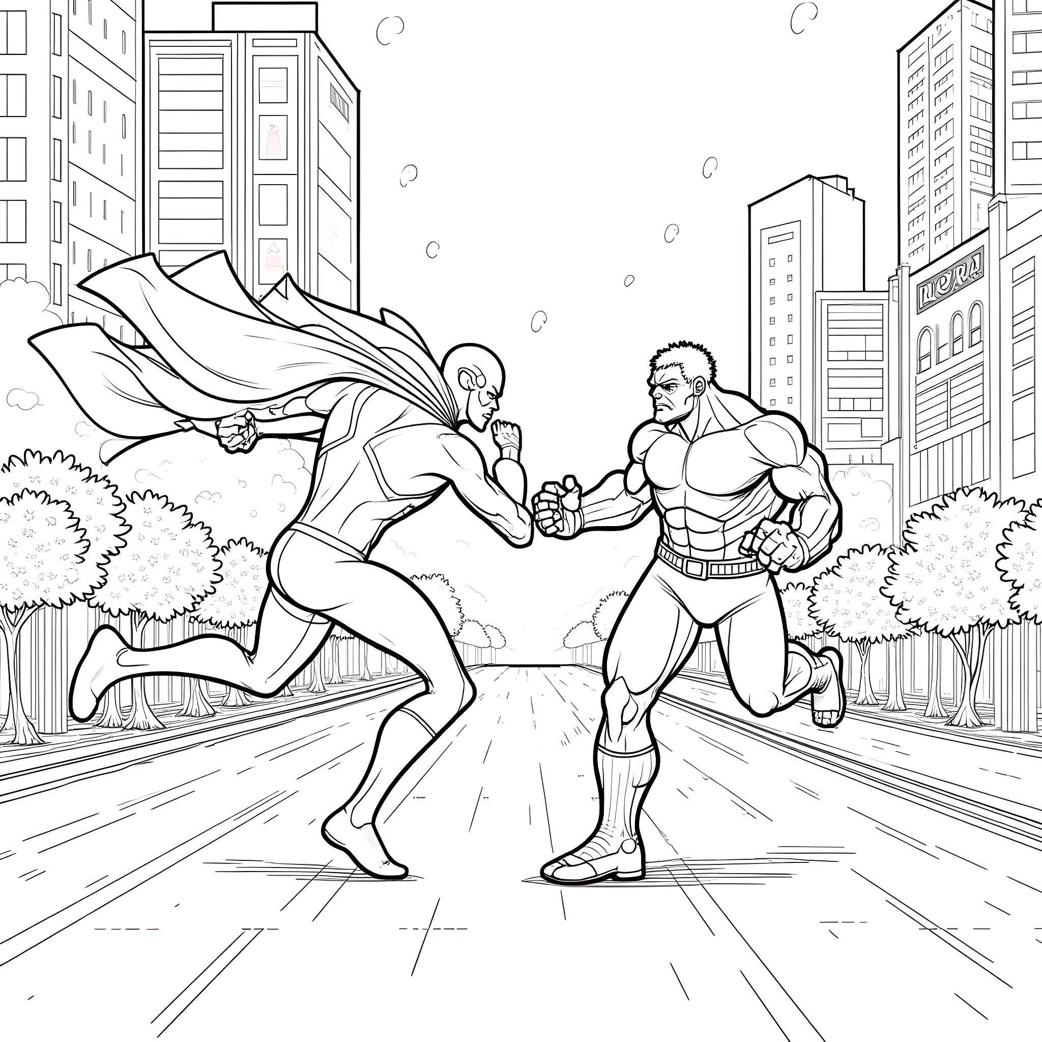 Flash Superheroes Fighting in the City Coloring Page (free black-and-white line drawing printable PDF for all, from beginners to advanced learners, including children, teens, adults, and seniors)