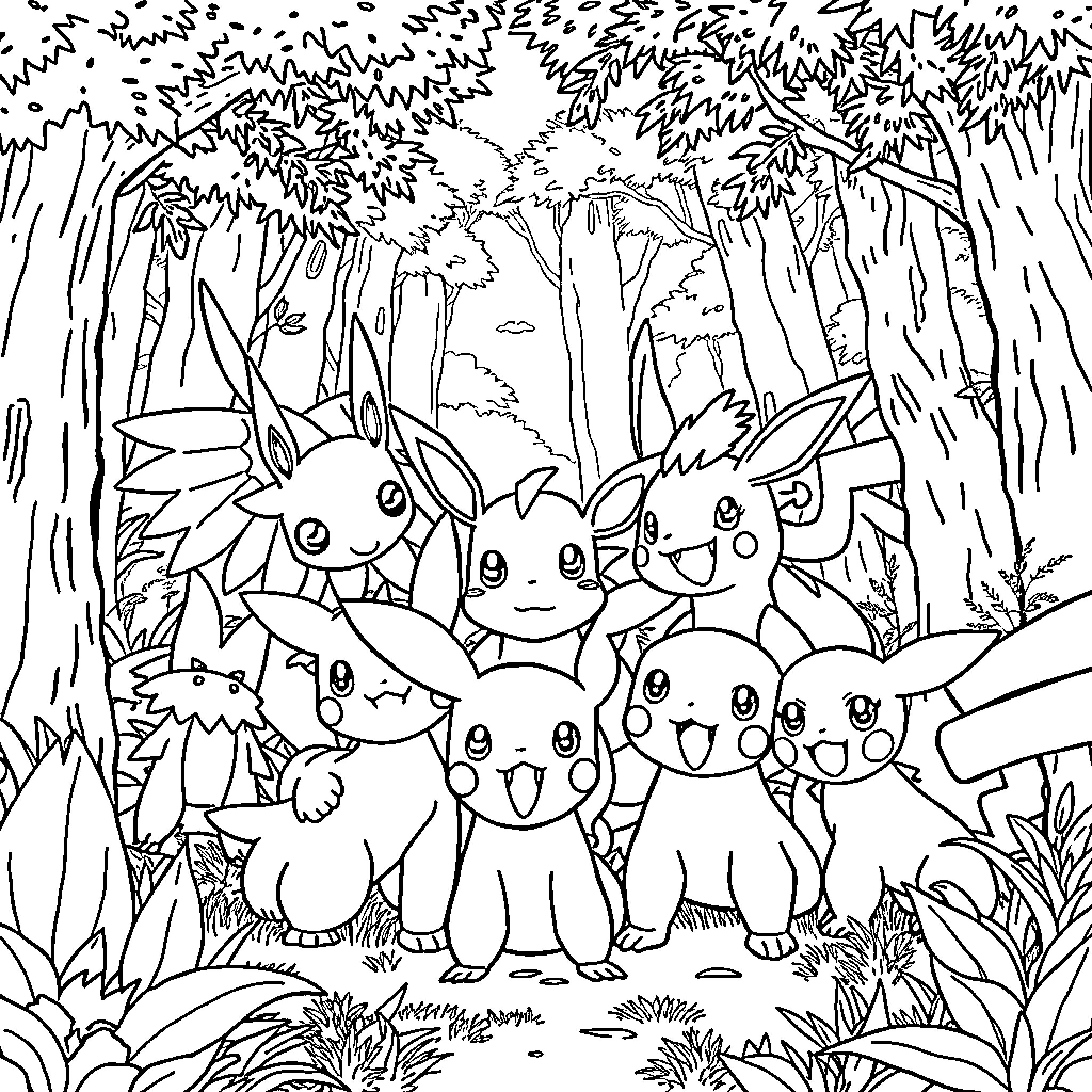 Pokémon Gathering in the Enchanted Forest Coloring Page (free black-and-white line drawing printable PDF for all, from beginners to advanced learners, including children, teens, adults, and seniors)