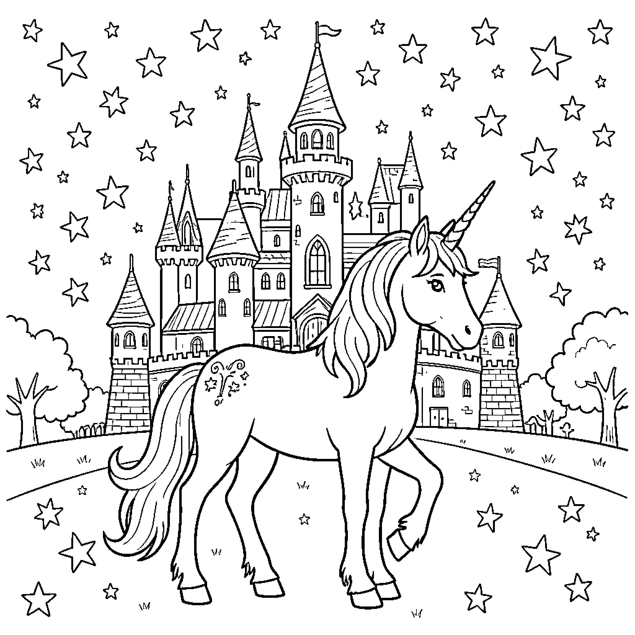 Unicorn standing majestically in front of a magical castle Coloring Page (free black-and-white line drawing printable PDF for all, from beginners to advanced learners, including children, teens, adults, and seniors)