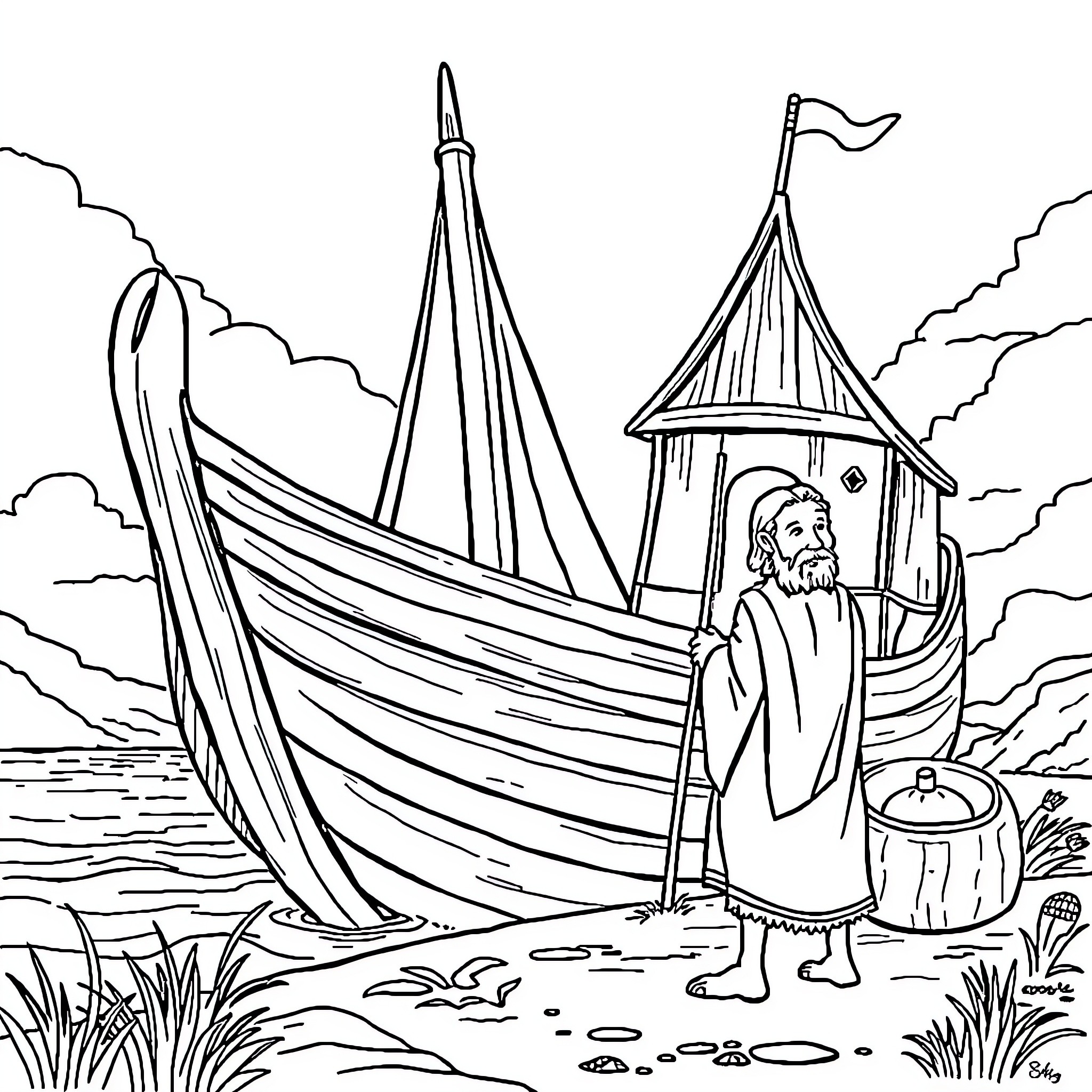 Noah's Voyage on the Ark Coloring Page (free black-and-white line drawing printable PDF for all, from beginners to advanced learners, including children, teens, adults, and seniors)