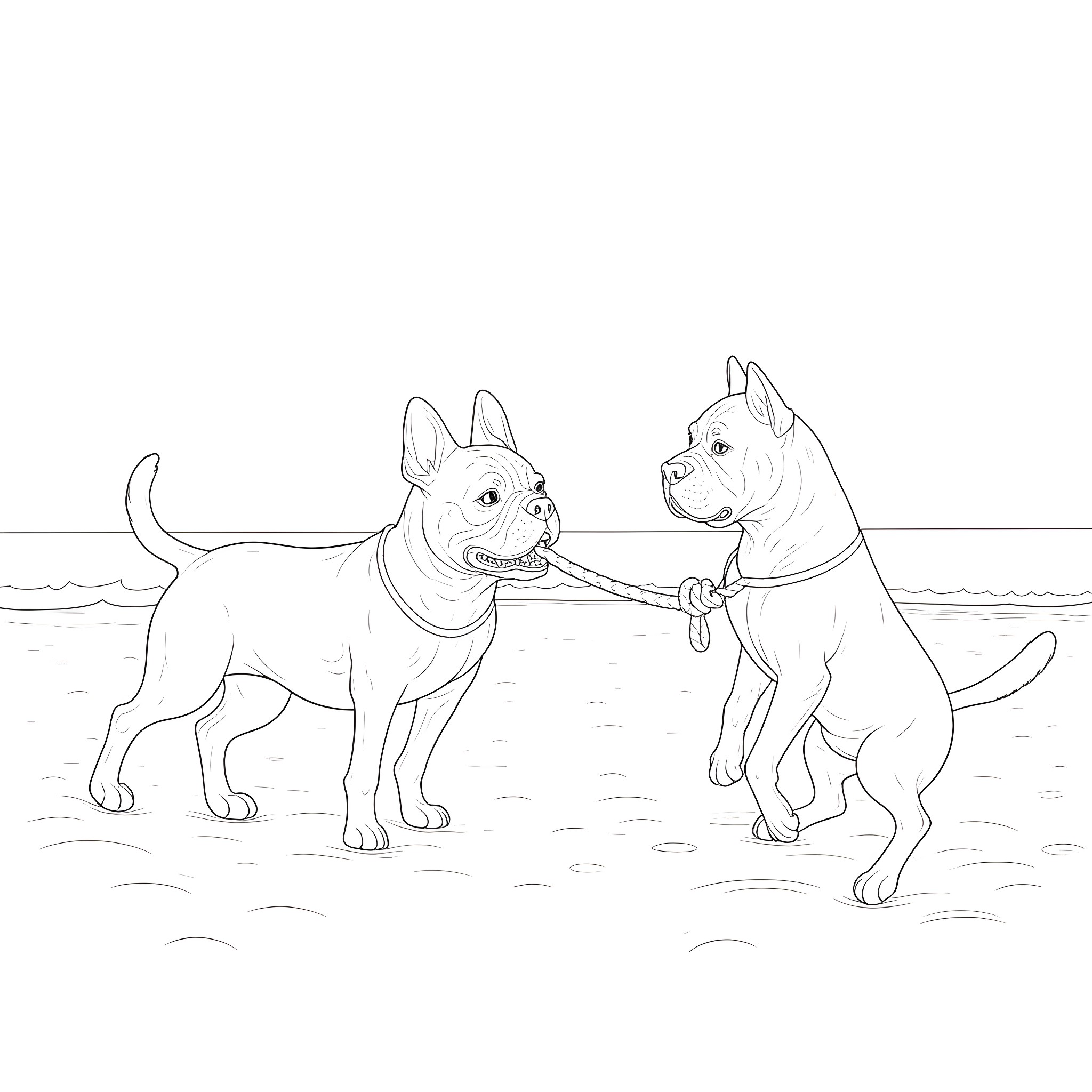 Dogs playing with toy in the park Coloring Page (free black-and-white line drawing printable PDF for all, from beginners to advanced learners, including children, teens, adults, and seniors)