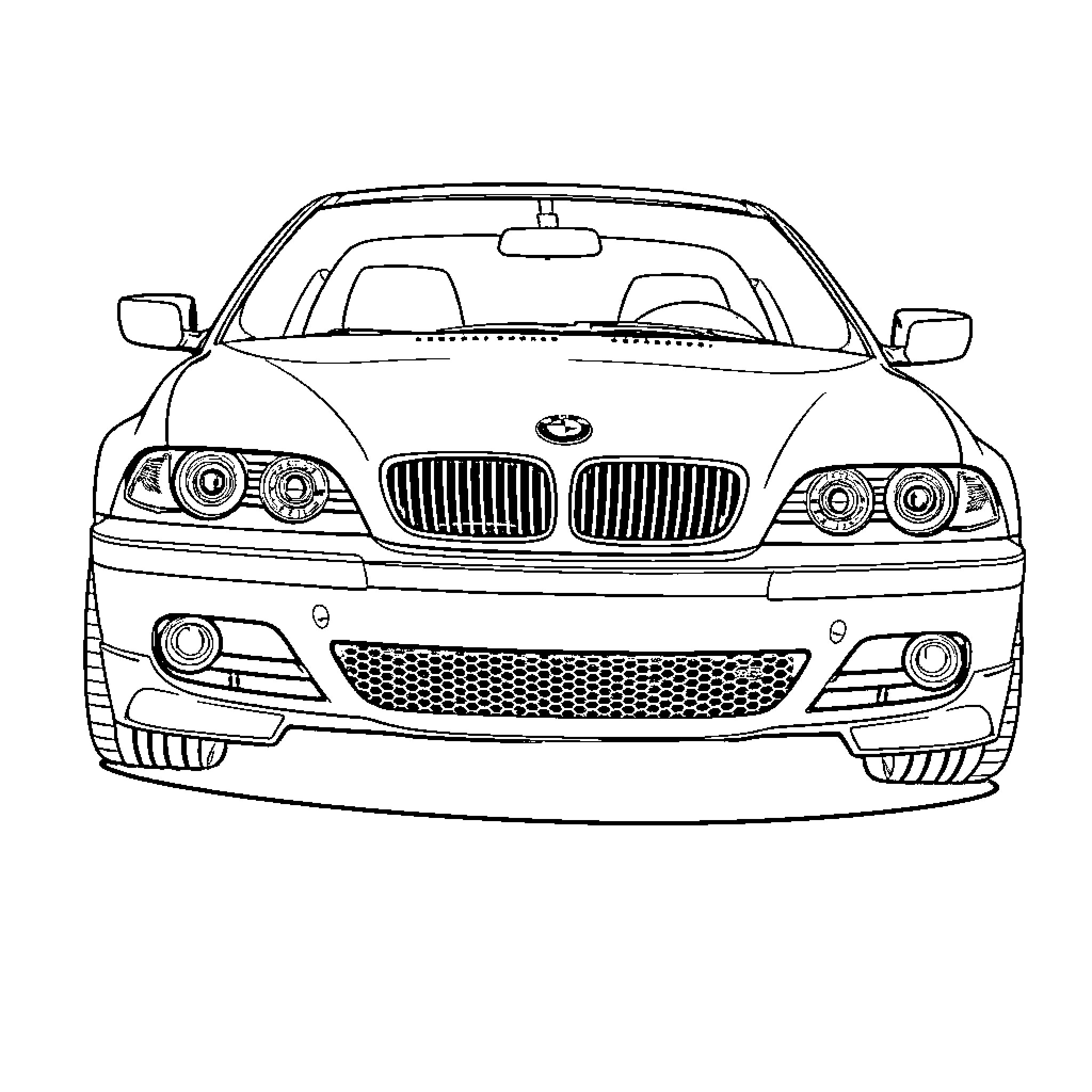 BMW luxury sedan shown in outline Coloring Page (free black-and-white line drawing printable PDF for all, from beginners to advanced learners, including children, teens, adults, and seniors)