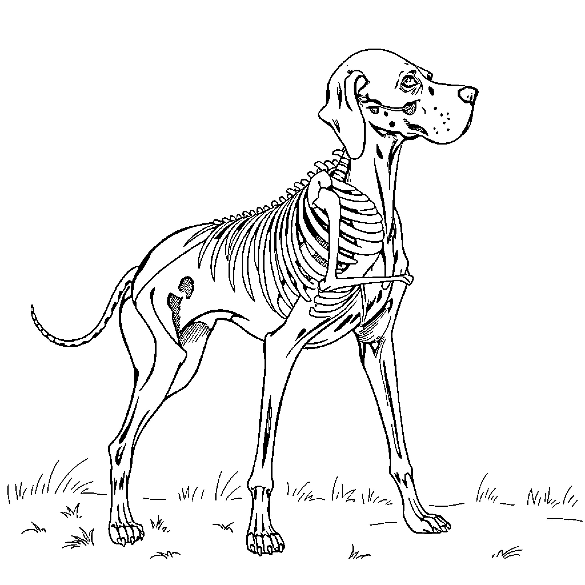 Great Dane anatomical sketch on grassy background Coloring Page (free black-and-white line drawing printable PDF for all, from beginners to advanced learners, including children, teens, adults, and seniors)