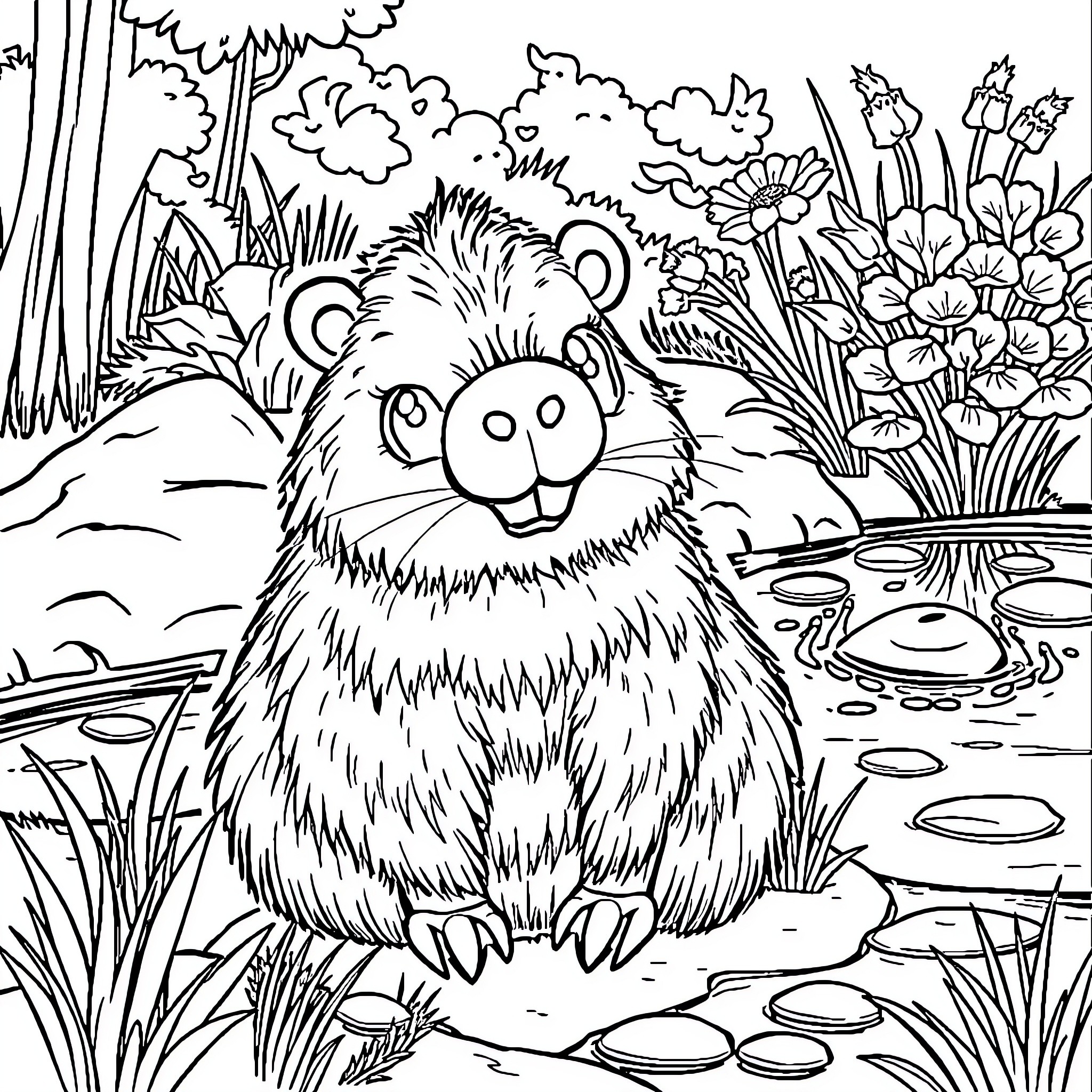 Capybara sitting in a colorful garden Coloring Page (free black-and-white line drawing printable PDF for all, from beginners to advanced learners, including children, teens, adults, and seniors)
