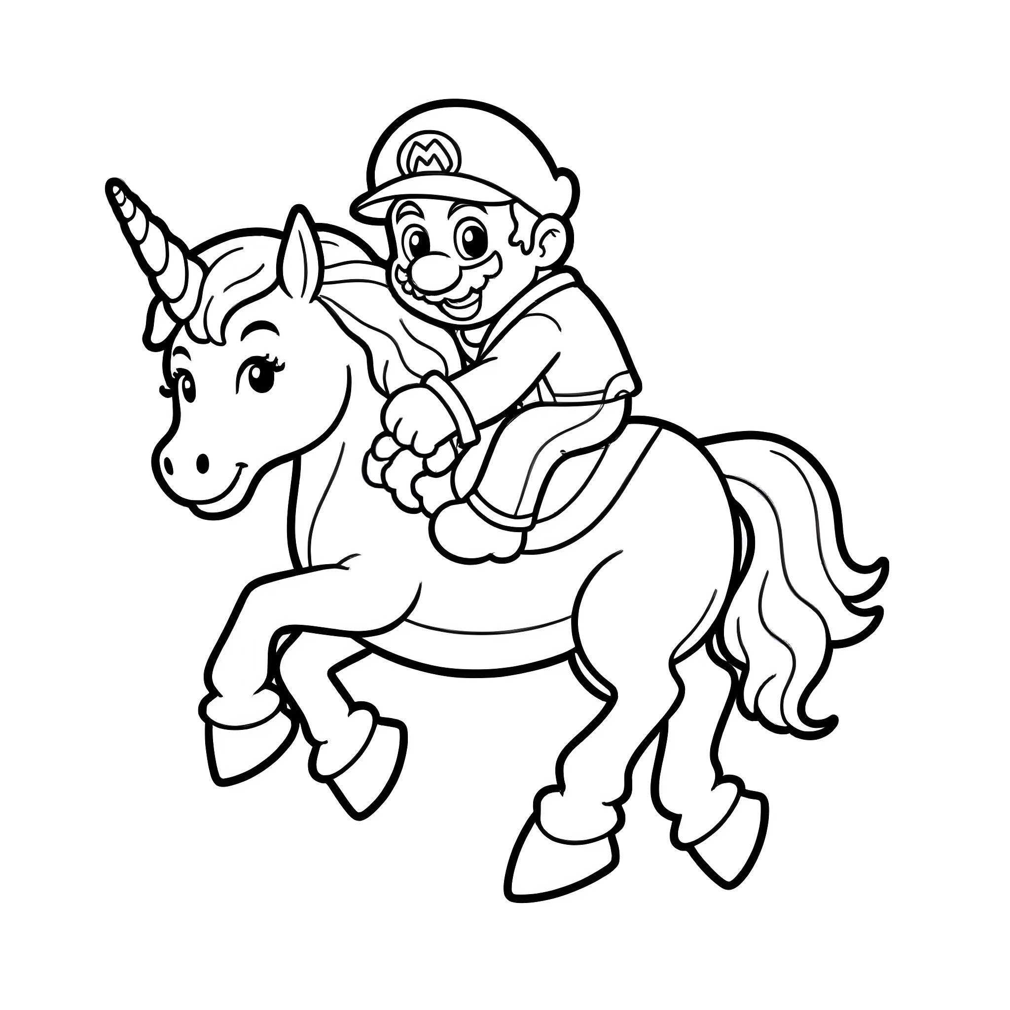 Mario riding a unicorn with excitement Coloring Page (free black-and-white line drawing printable PDF for all, from beginners to advanced learners, including children, teens, adults, and seniors)