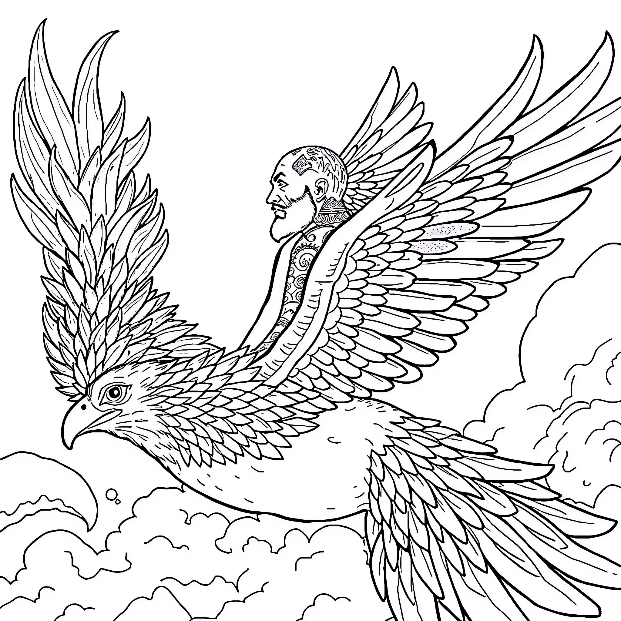 Bald Man with Wings Riding a Mythical Bird Coloring Page (free black-and-white line drawing printable PDF for all, from beginners to advanced learners, including children, teens, adults, and seniors)