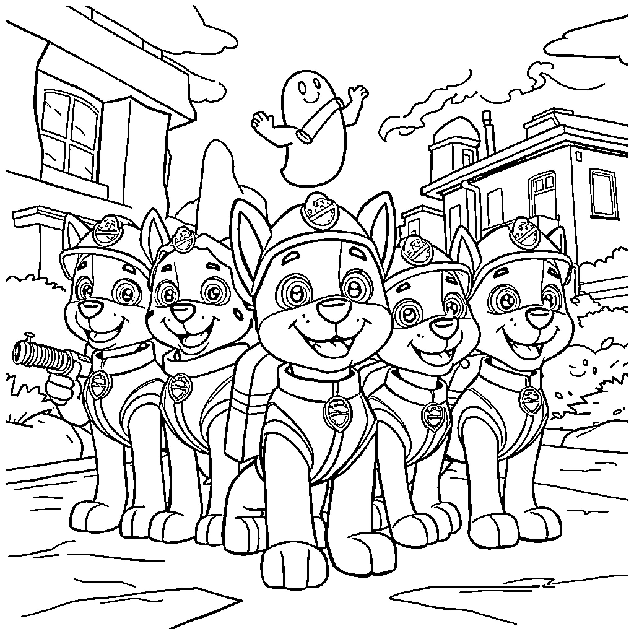 Paw Patrol characters in action at the city Coloring Page (free black-and-white line drawing printable PDF for all, from beginners to advanced learners, including children, teens, adults, and seniors)