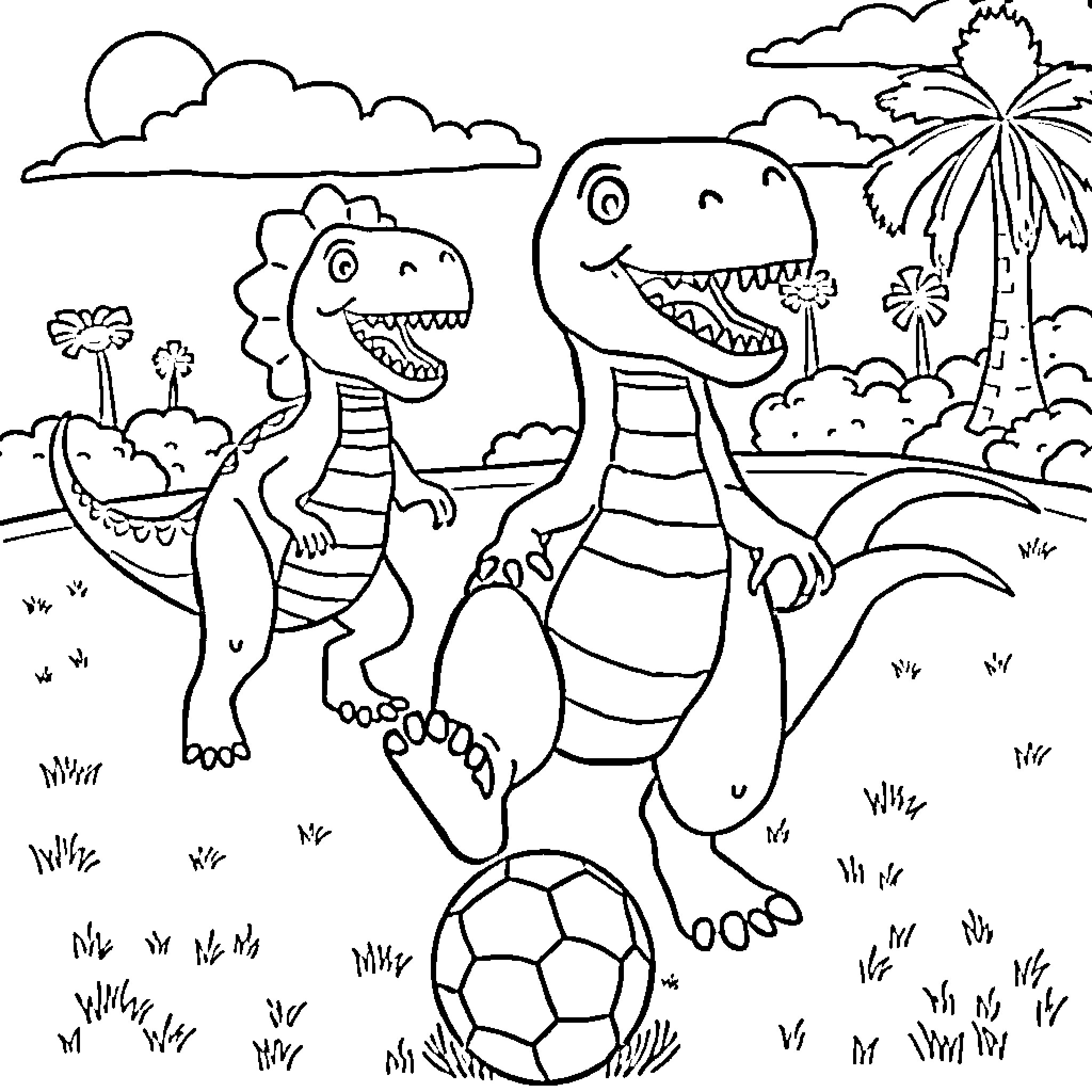 Dinosaurs playing happily with soccer ball in park Coloring Page (free black-and-white line drawing printable PDF for all, from beginners to advanced learners, including children, teens, adults, and seniors)