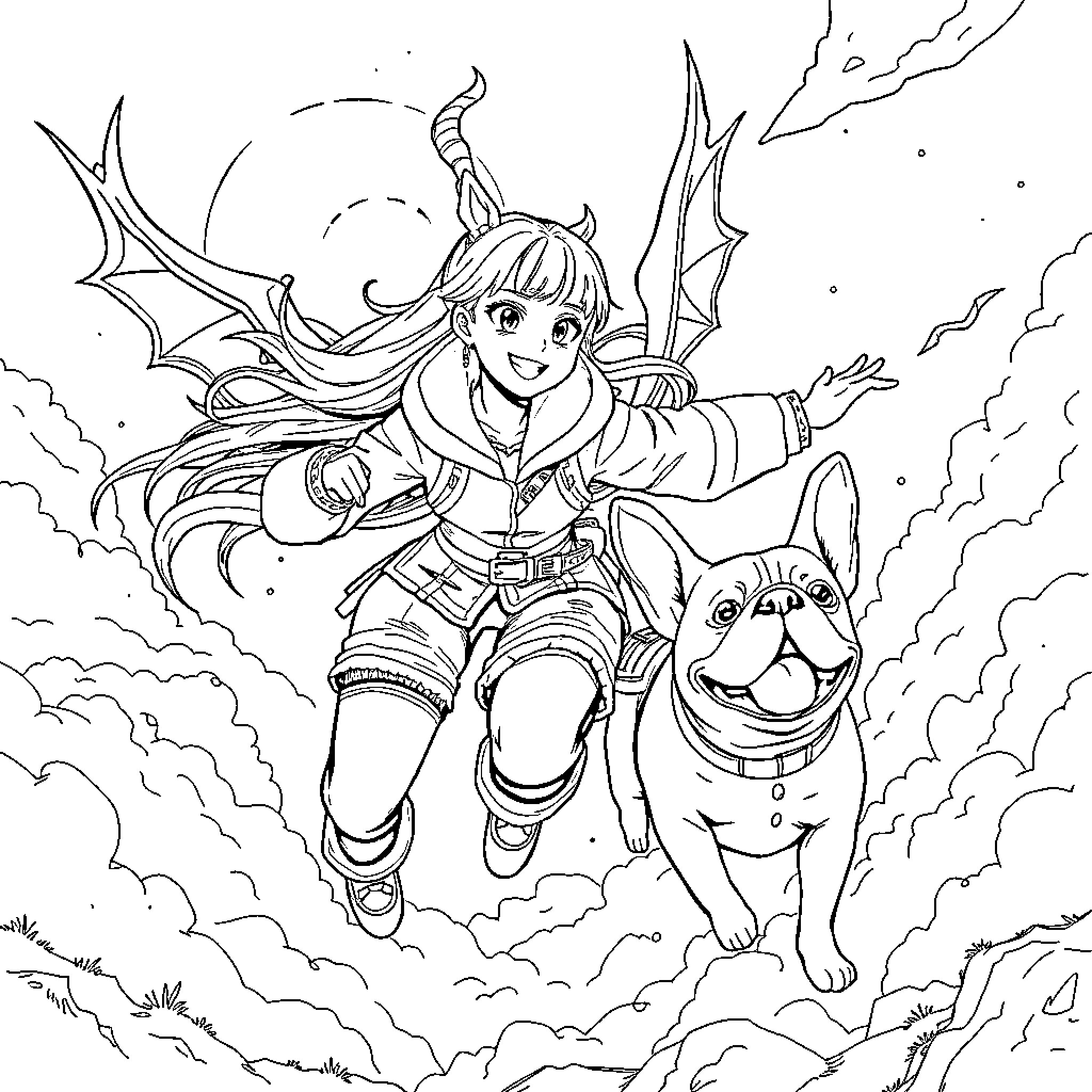 Rumi's Fantastical Adventure with Canine Companion Coloring Page (free black-and-white line drawing printable PDF for all, from beginners to advanced learners, including children, teens, adults, and seniors)