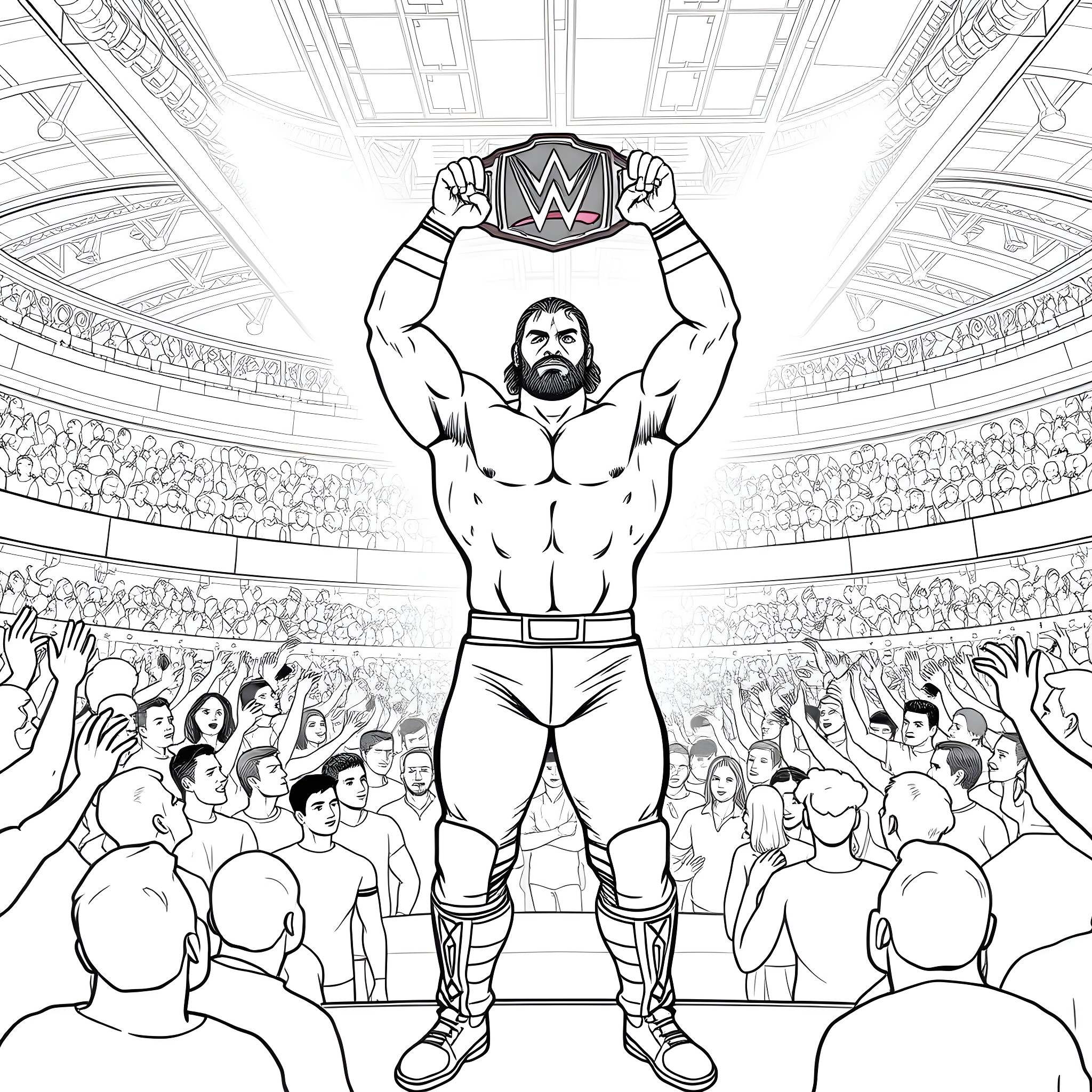 Wrestler Celebrating Victory in Front of Cheering Crowd Coloring Page (free black-and-white line drawing printable PDF for all, from beginners to advanced learners, including children, teens, adults, and seniors)