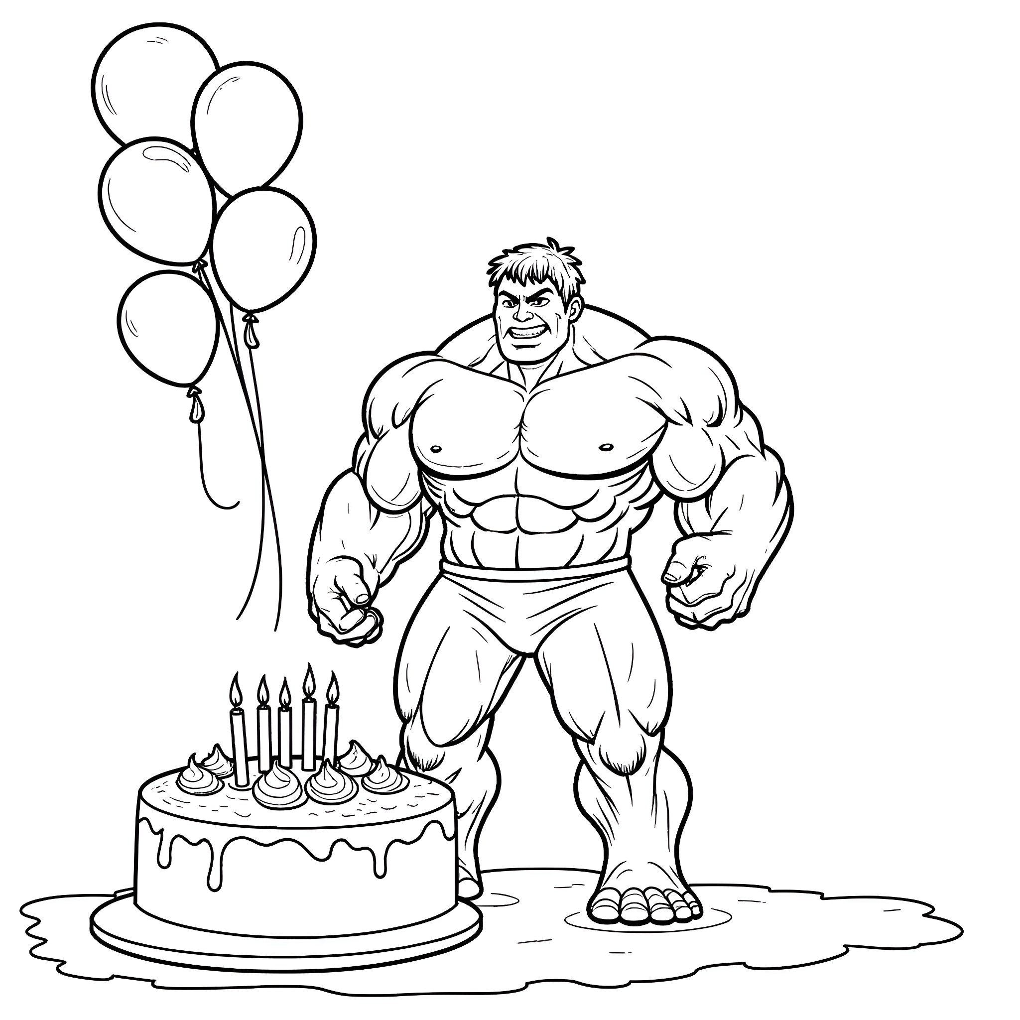 Hulk celebrating birthday with cake and balloons Coloring Page (free black-and-white line drawing printable PDF for all, from beginners to advanced learners, including children, teens, adults, and seniors)