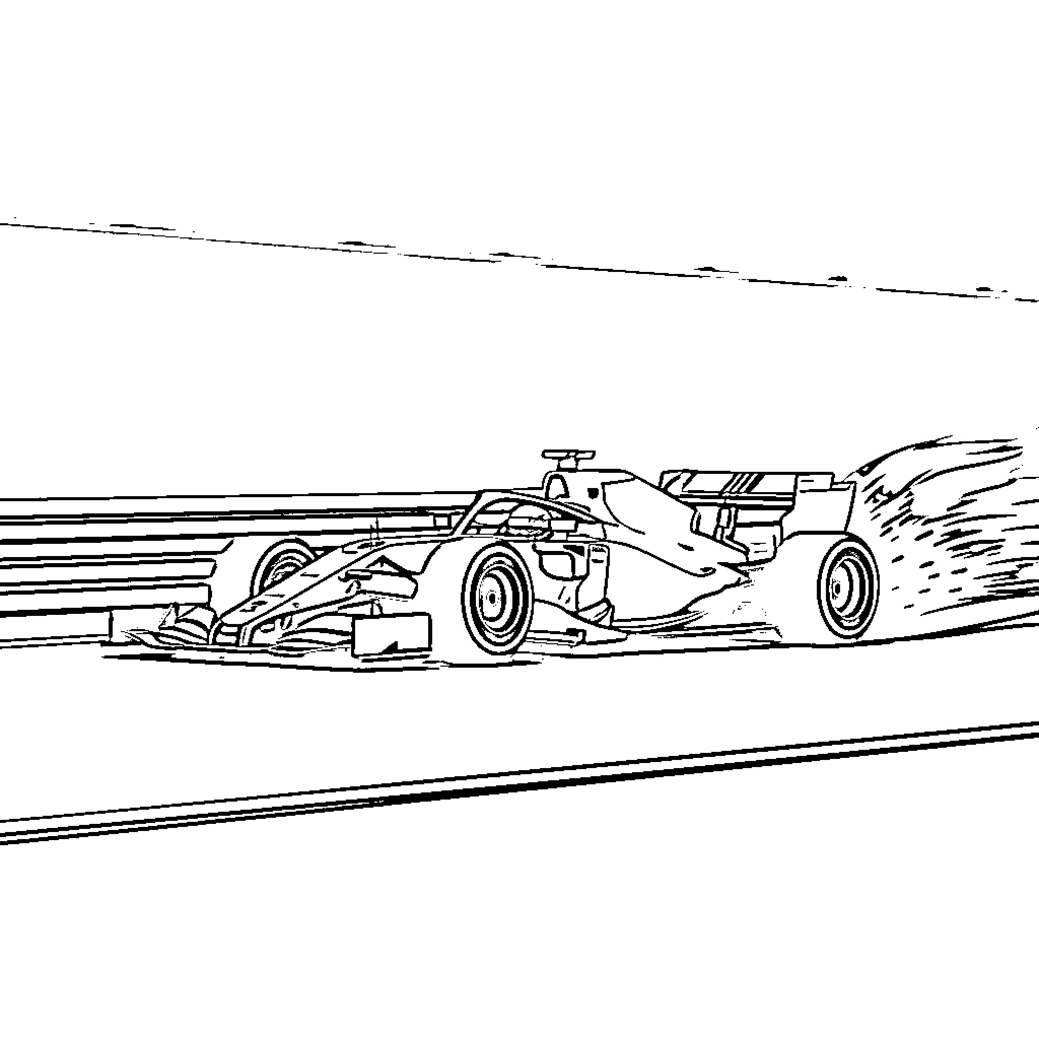 F1 Car speeding on the racetrack Coloring Page (free black-and-white line drawing printable PDF for all, from beginners to advanced learners, including children, teens, adults, and seniors)