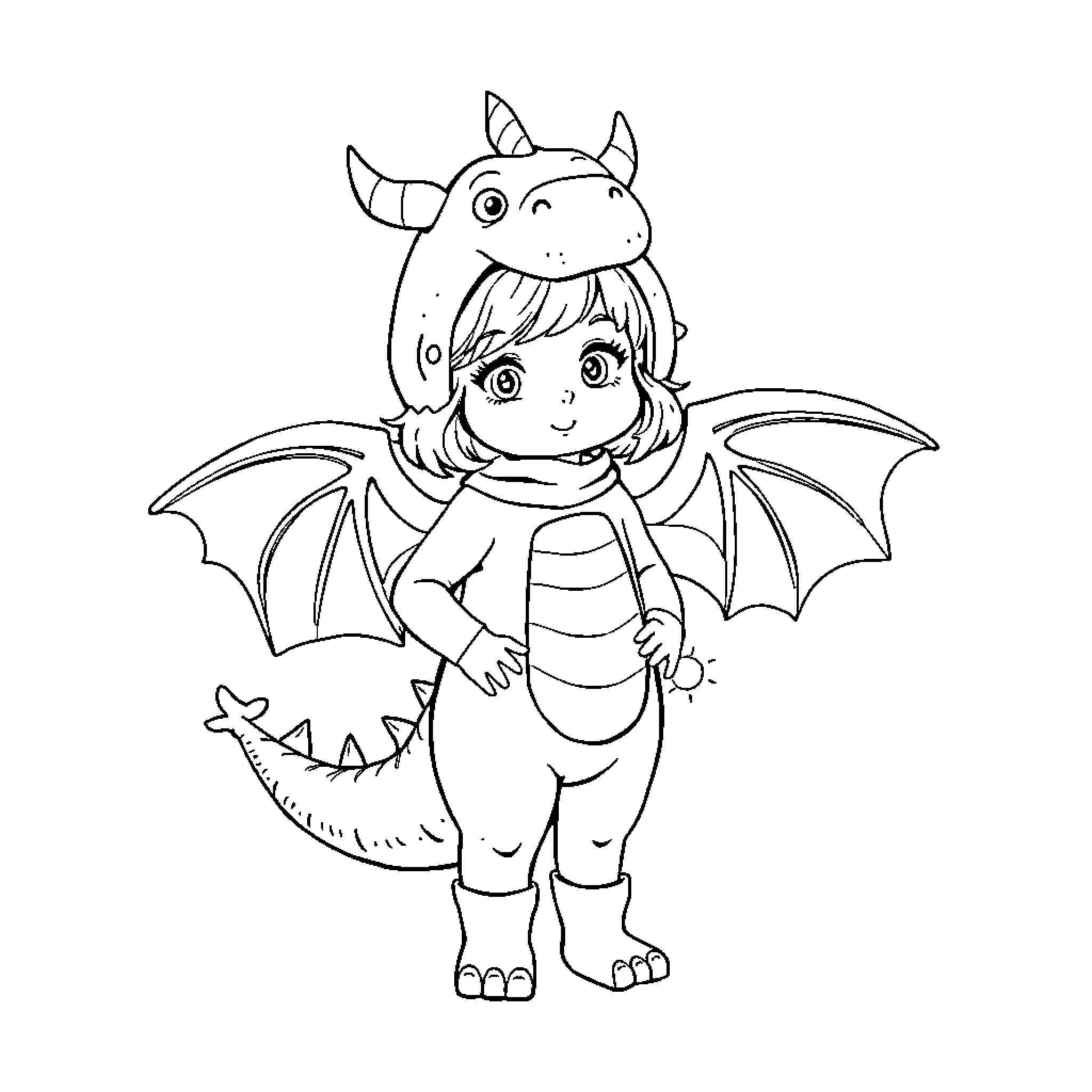 Girl dressed as a cute dragon Coloring Page (free black-and-white line drawing printable PDF for all, from beginners to advanced learners, including children, teens, adults, and seniors)