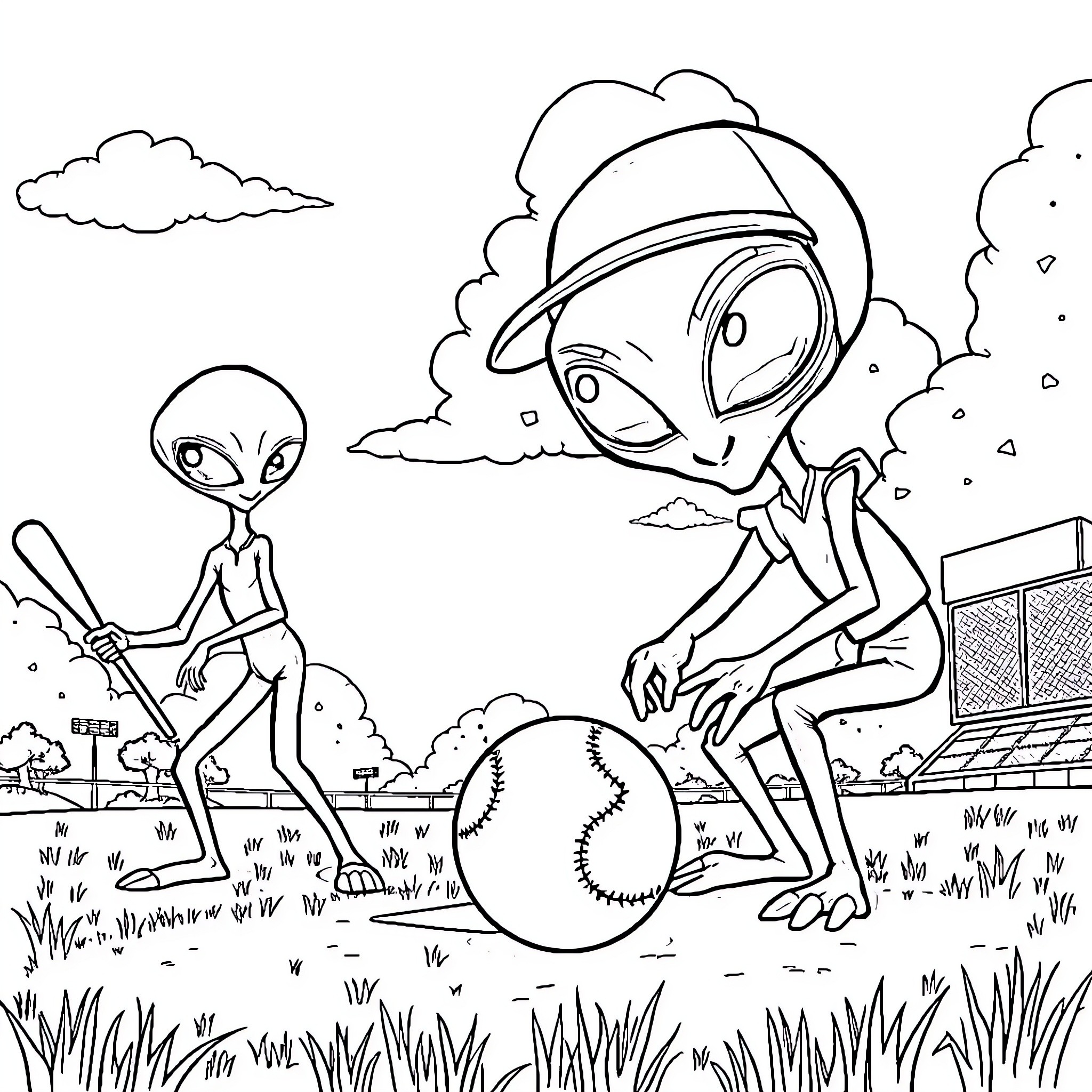 Alien explorers investigate mysterious baseball-like object Coloring Page (free black-and-white line drawing printable PDF for all, from beginners to advanced learners, including children, teens, adults, and seniors)