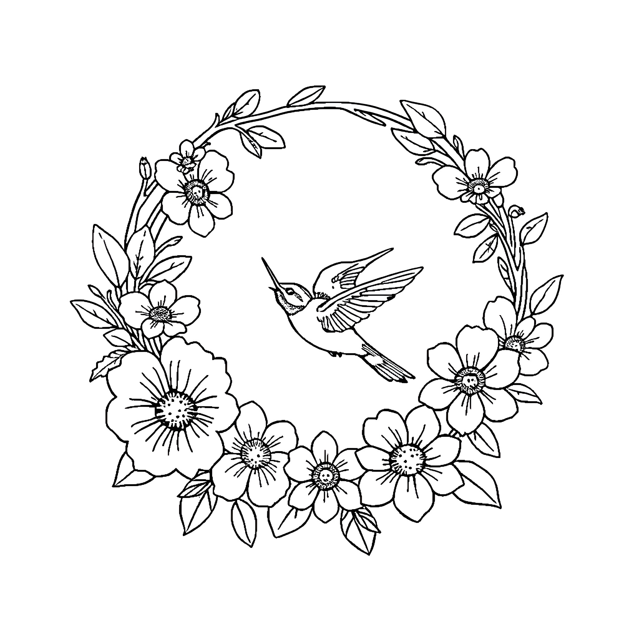 Hummingbird surrounded by beautiful flowers Coloring Page (free black-and-white line drawing printable PDF for all, from beginners to advanced learners, including children, teens, adults, and seniors)
