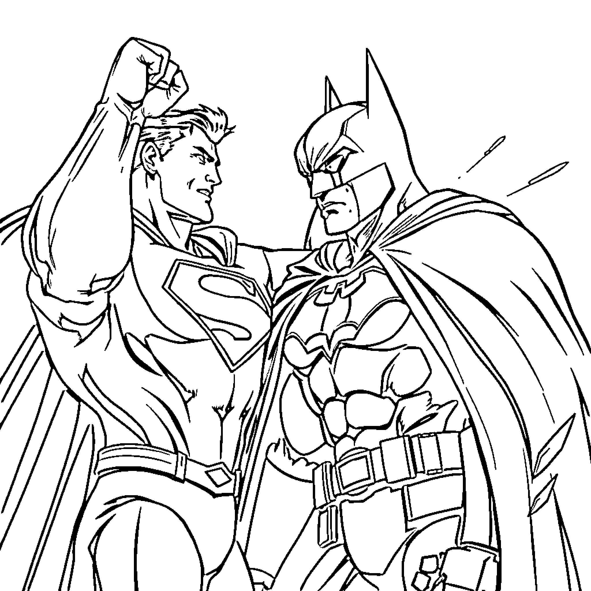 Superman and Batman in epic battle Coloring Page (free black-and-white line drawing printable PDF for all, from beginners to advanced learners, including children, teens, adults, and seniors)