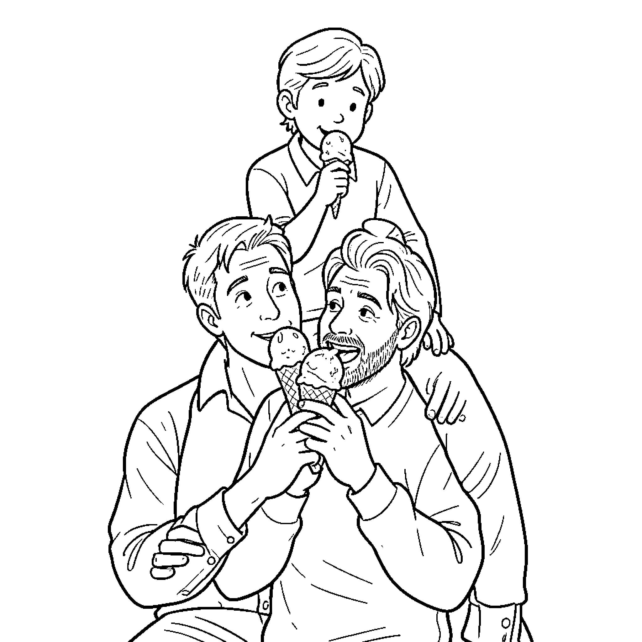 Jean Marc Genereux family enjoying ice cream cones together Coloring Page (free black-and-white line drawing printable PDF for all, from beginners to advanced learners, including children, teens, adults, and seniors)