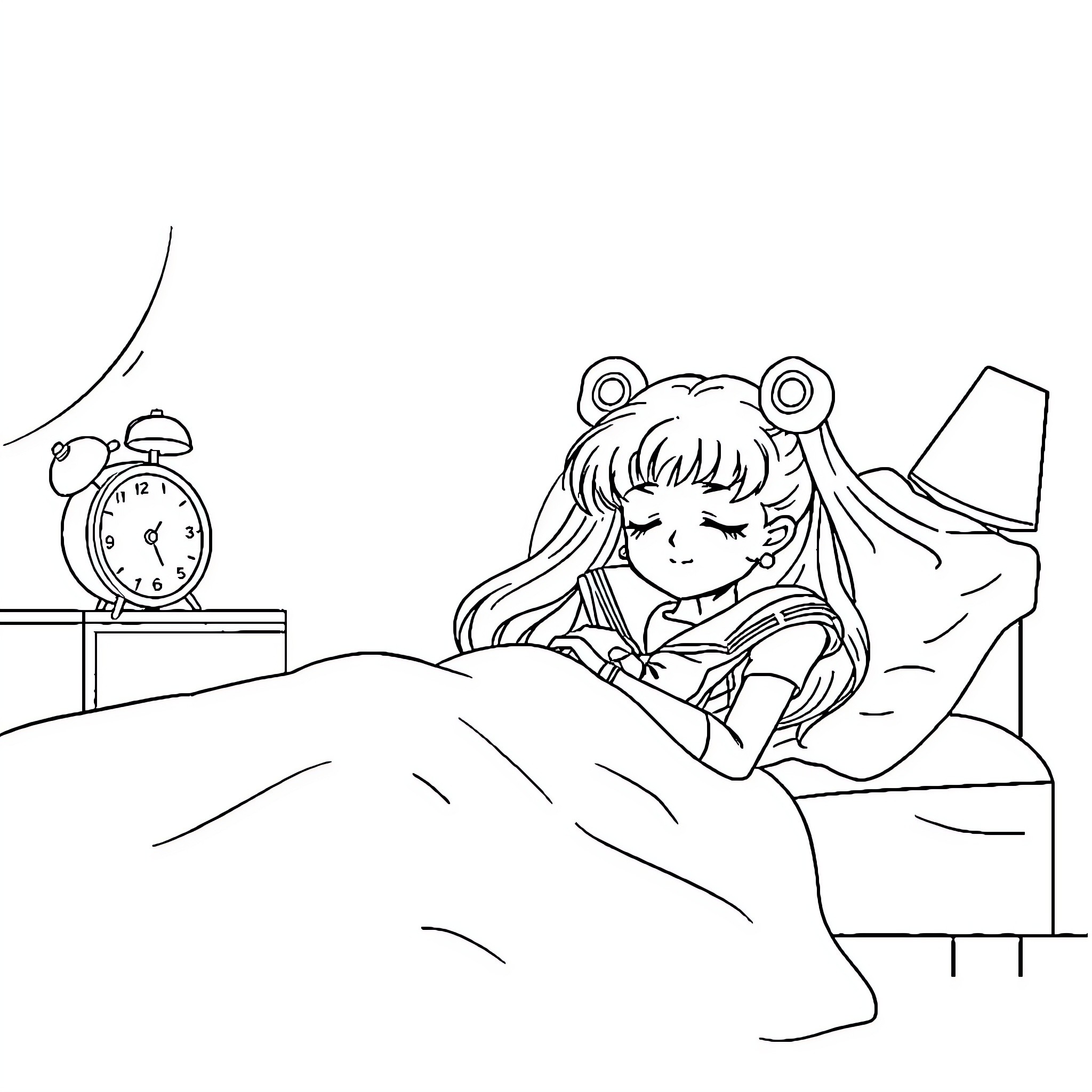 Sailor Moon resting peacefully in her bedroom Coloring Page (free black-and-white line drawing printable PDF for all, from beginners to advanced learners, including children, teens, adults, and seniors)