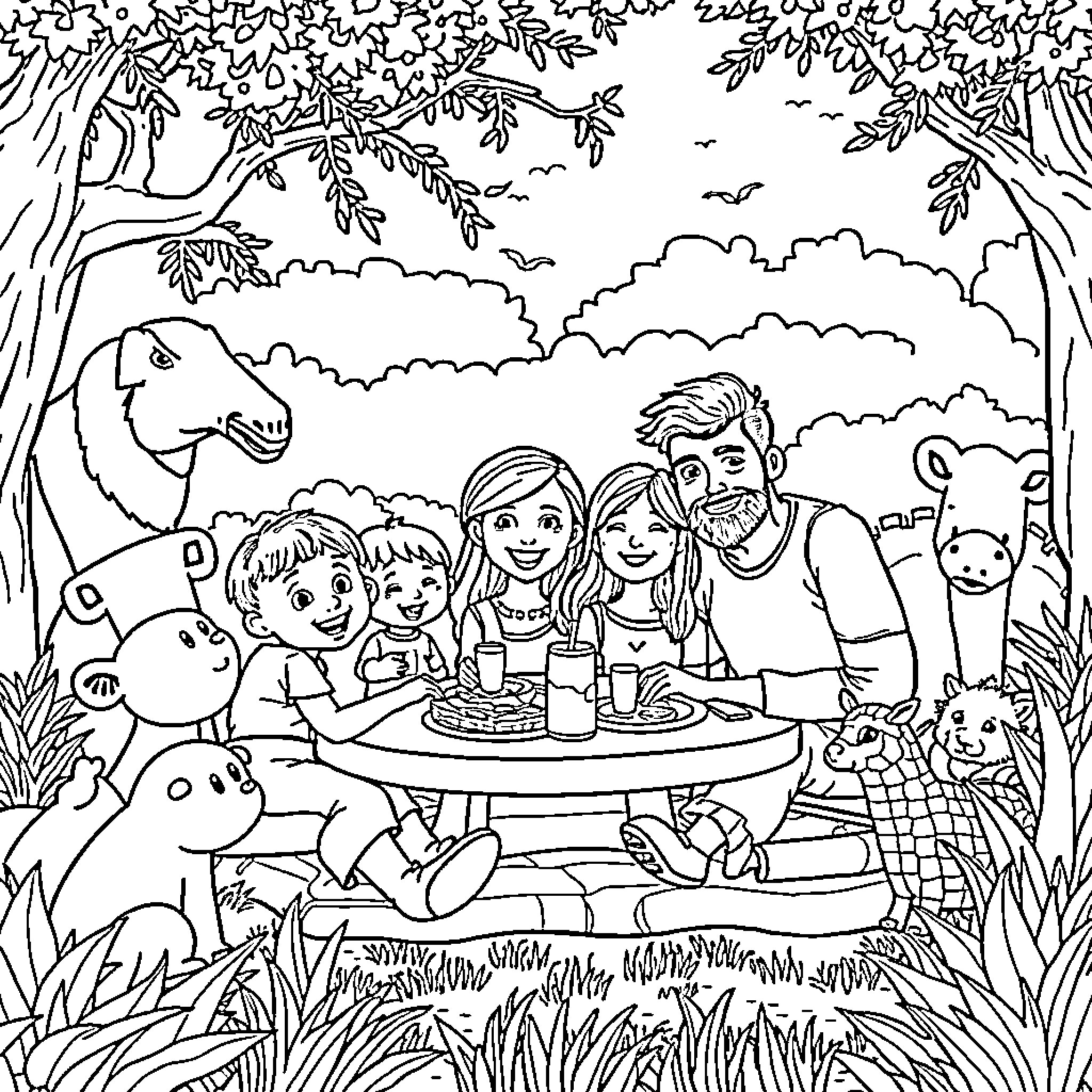 Family Enjoying Picnic in Nature Coloring Page (free black-and-white line drawing printable PDF for all, from beginners to advanced learners, including children, teens, adults, and seniors)