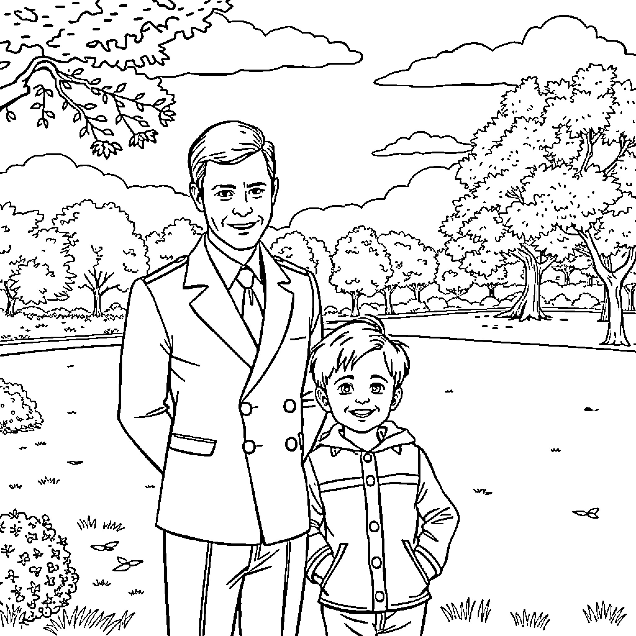 Prince and his son enjoy a day in the park Coloring Page (free black-and-white line drawing printable PDF for all, from beginners to advanced learners, including children, teens, adults, and seniors)