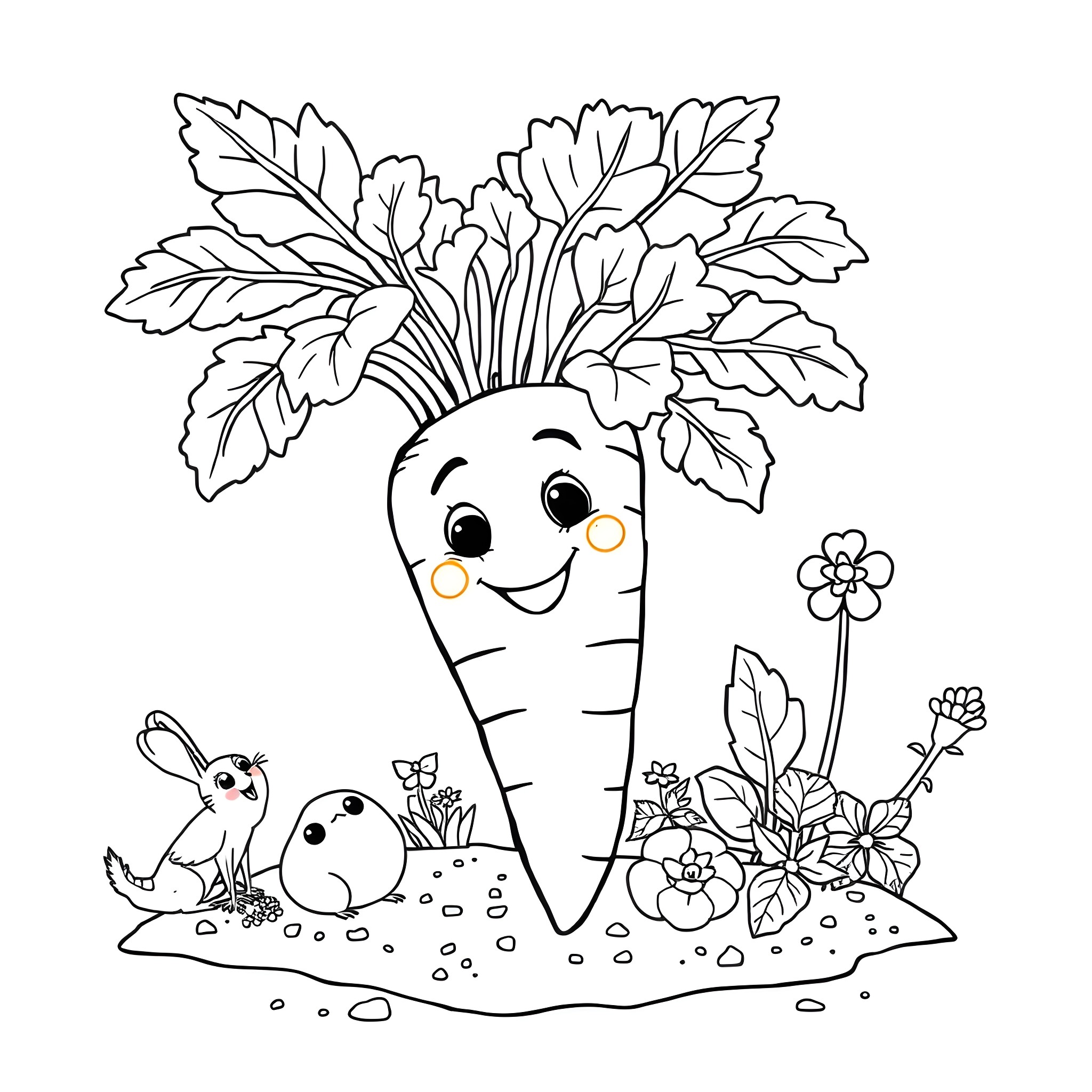 Carrot with smiling face and flowers in garden Coloring Page (free black-and-white line drawing printable PDF for all, from beginners to advanced learners, including children, teens, adults, and seniors)