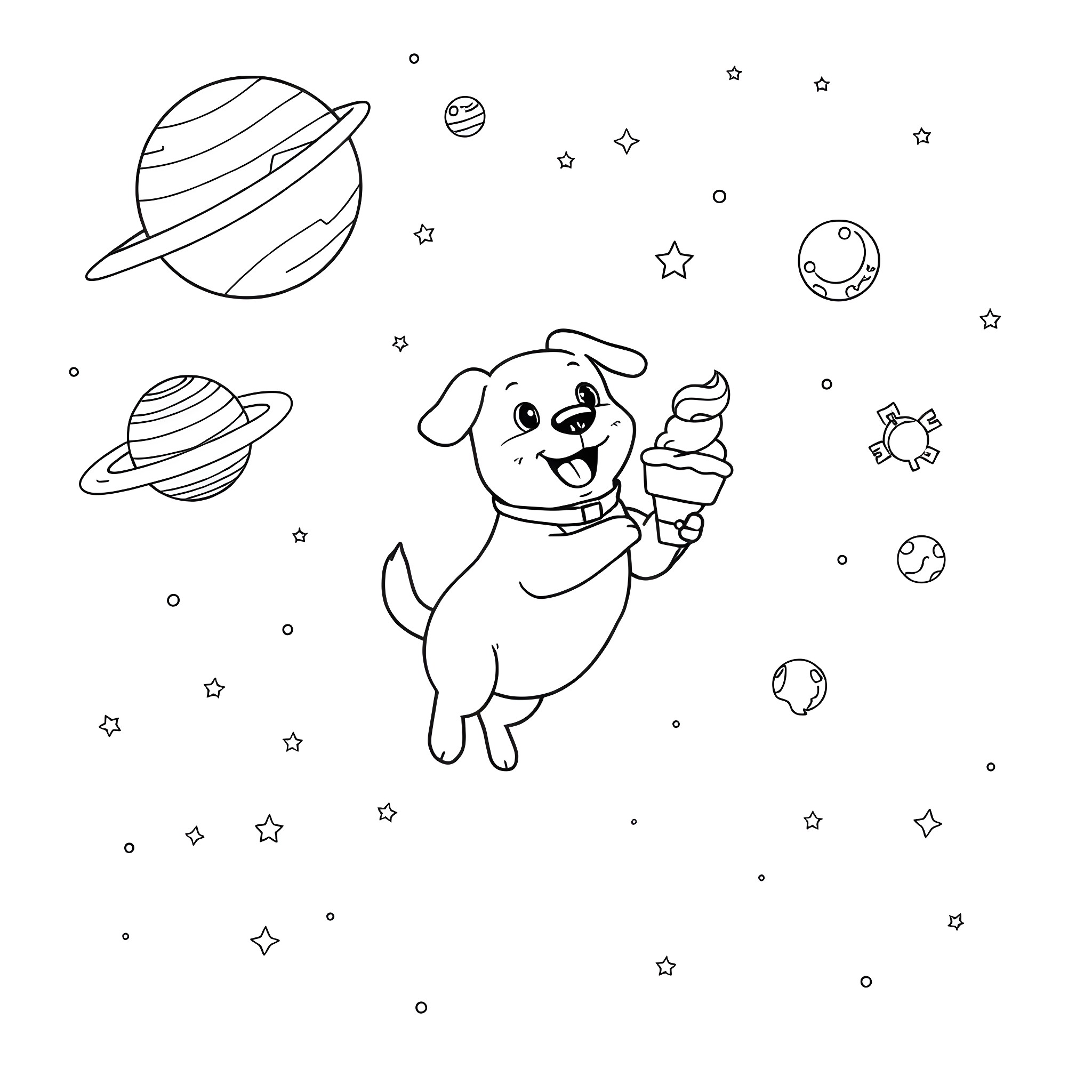 Dog enjoying ice cream in the galaxy Coloring Page (free black-and-white line drawing printable PDF for all, from beginners to advanced learners, including children, teens, adults, and seniors)