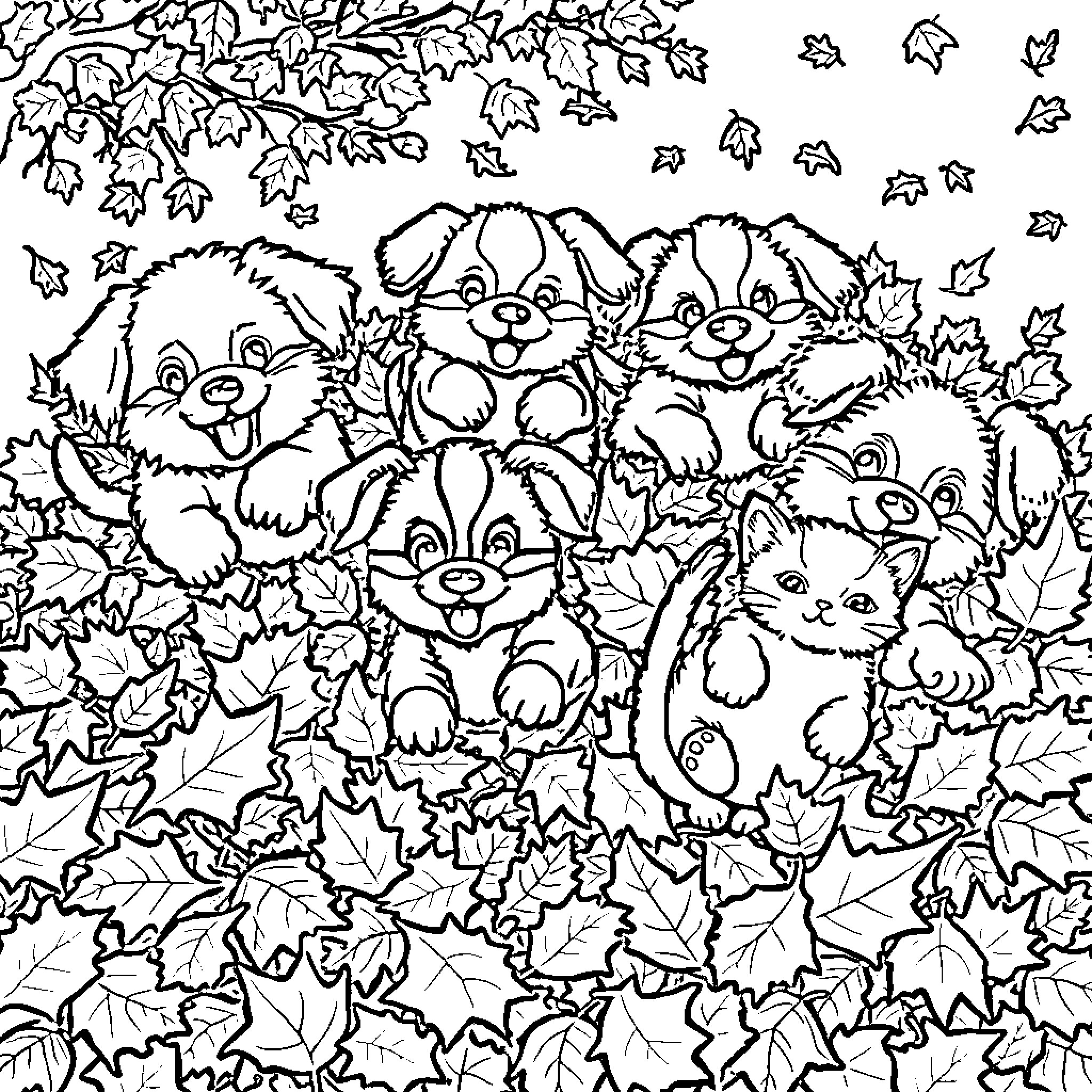 Pet animals playing among autumn leaves Coloring Page (free black-and-white line drawing printable PDF for all, from beginners to advanced learners, including children, teens, adults, and seniors)