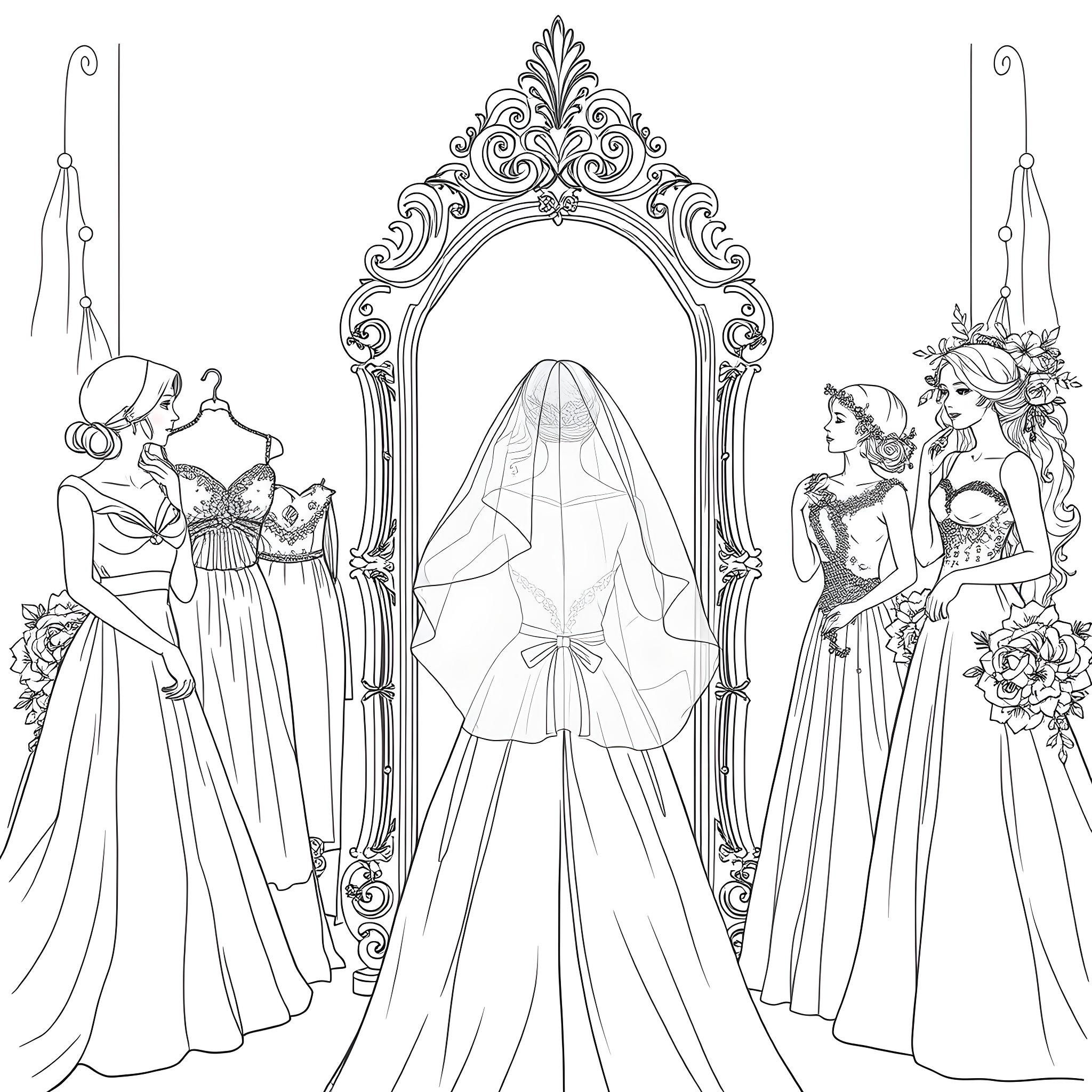 Woman in elegant bridal gown standing before ornate mirror Coloring Page (free black-and-white line drawing printable PDF for all, from beginners to advanced learners, including children, teens, adults, and seniors)