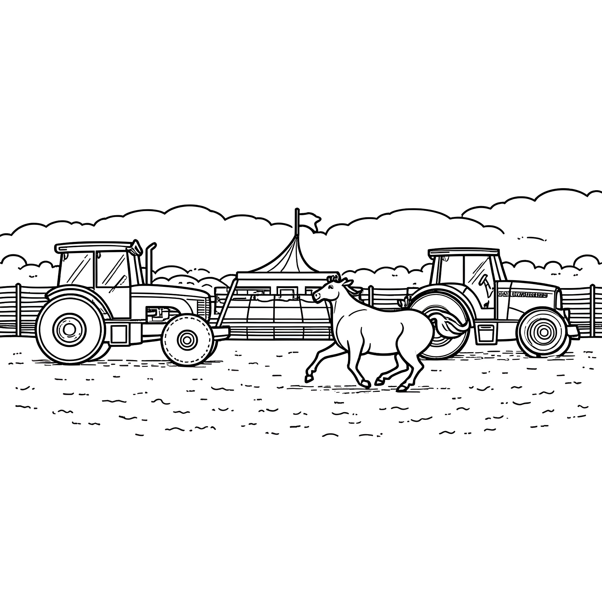 John Deere Tractors at Work on the Farm Coloring Page (free black-and-white line drawing printable PDF for all, from beginners to advanced learners, including children, teens, adults, and seniors)