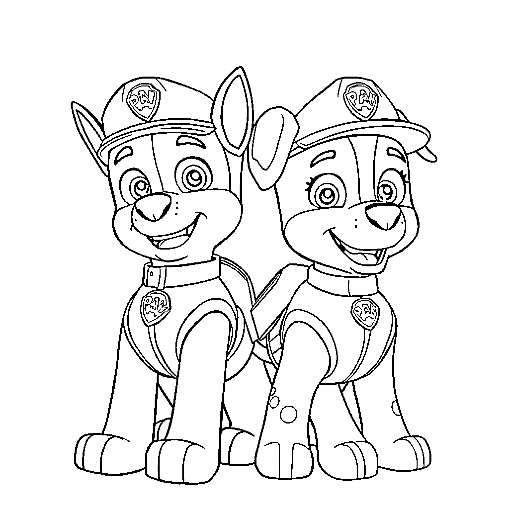 Paw Patrol Duo Smiling and Standing Together Coloring Page (free black-and-white line drawing printable PDF for all, from beginners to advanced learners, including children, teens, adults, and seniors)