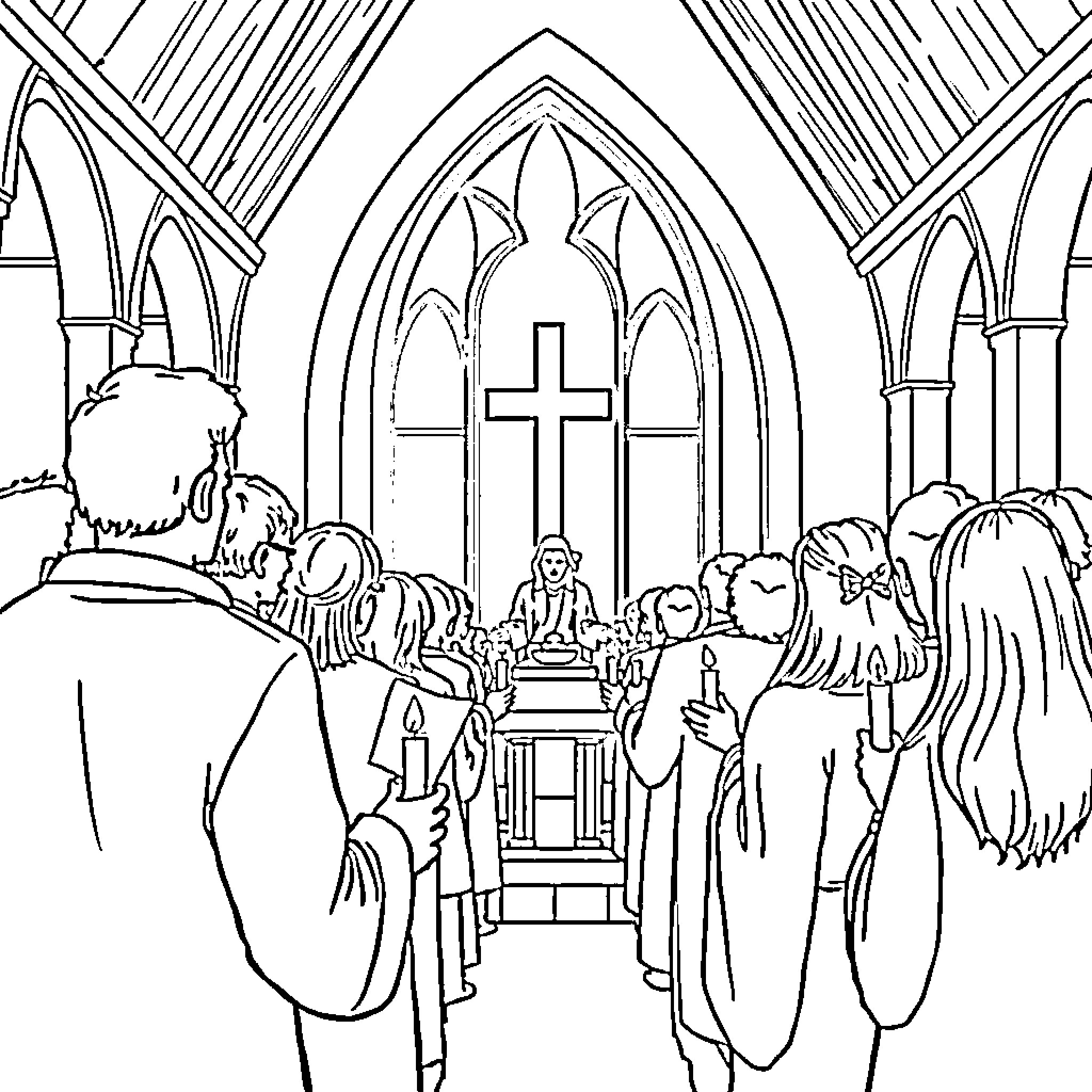 Easter congregation gathered in a church Coloring Page (free black-and-white line drawing printable PDF for all, from beginners to advanced learners, including children, teens, adults, and seniors)
