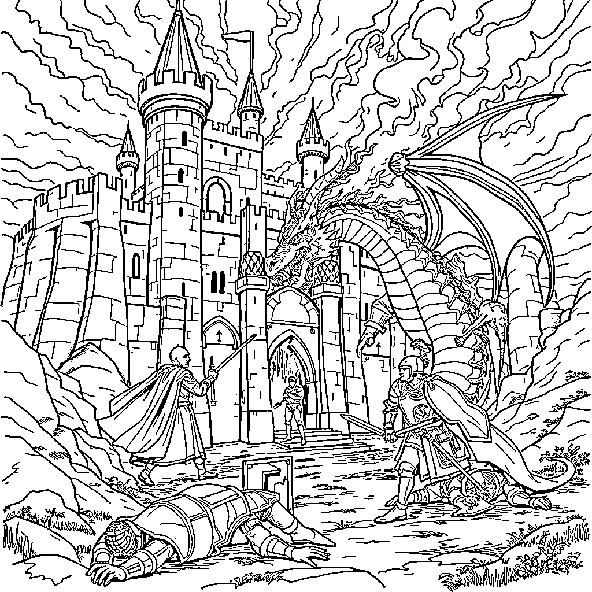 Castle of Mysterious Enchantments and Legendary Creatures Coloring Page (free black-and-white line drawing printable PDF for all, from beginners to advanced learners, including children, teens, adults, and seniors)