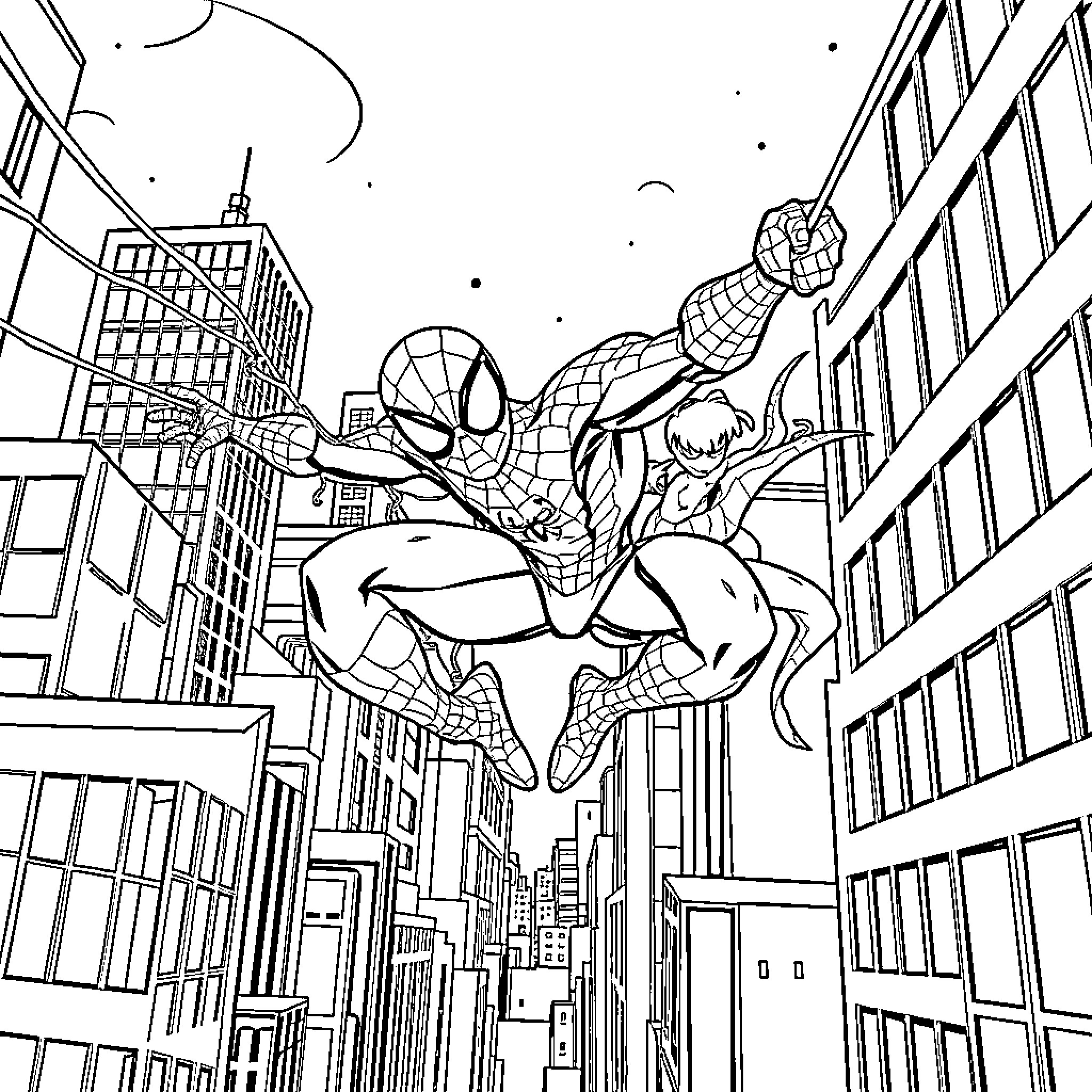 Spider-Man swinging through the city skyline Coloring Page (free black-and-white line drawing printable PDF for all, from beginners to advanced learners, including children, teens, adults, and seniors)