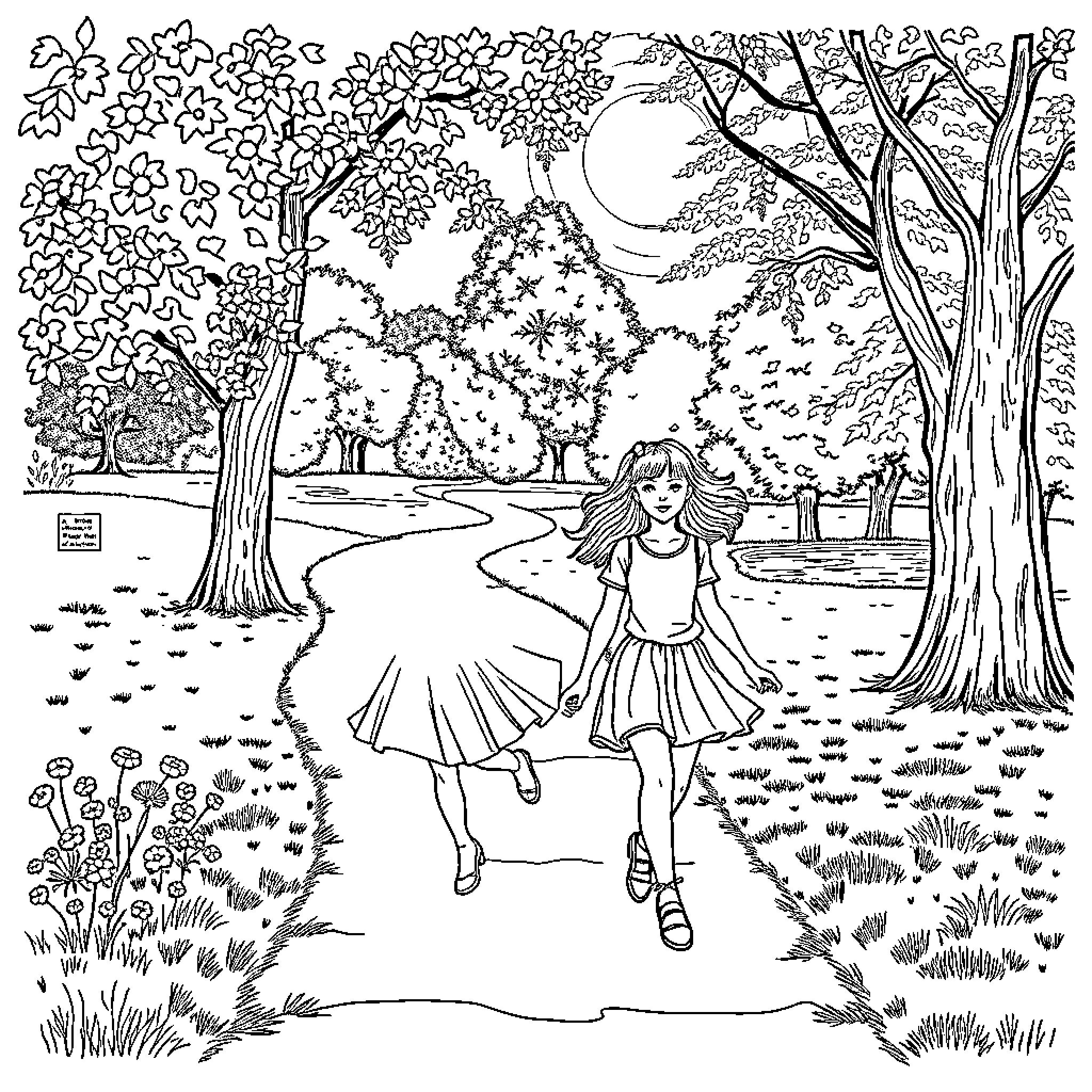 Girl exploring a whimsical forest path Coloring Page (free black-and-white line drawing printable PDF for all, from beginners to advanced learners, including children, teens, adults, and seniors)