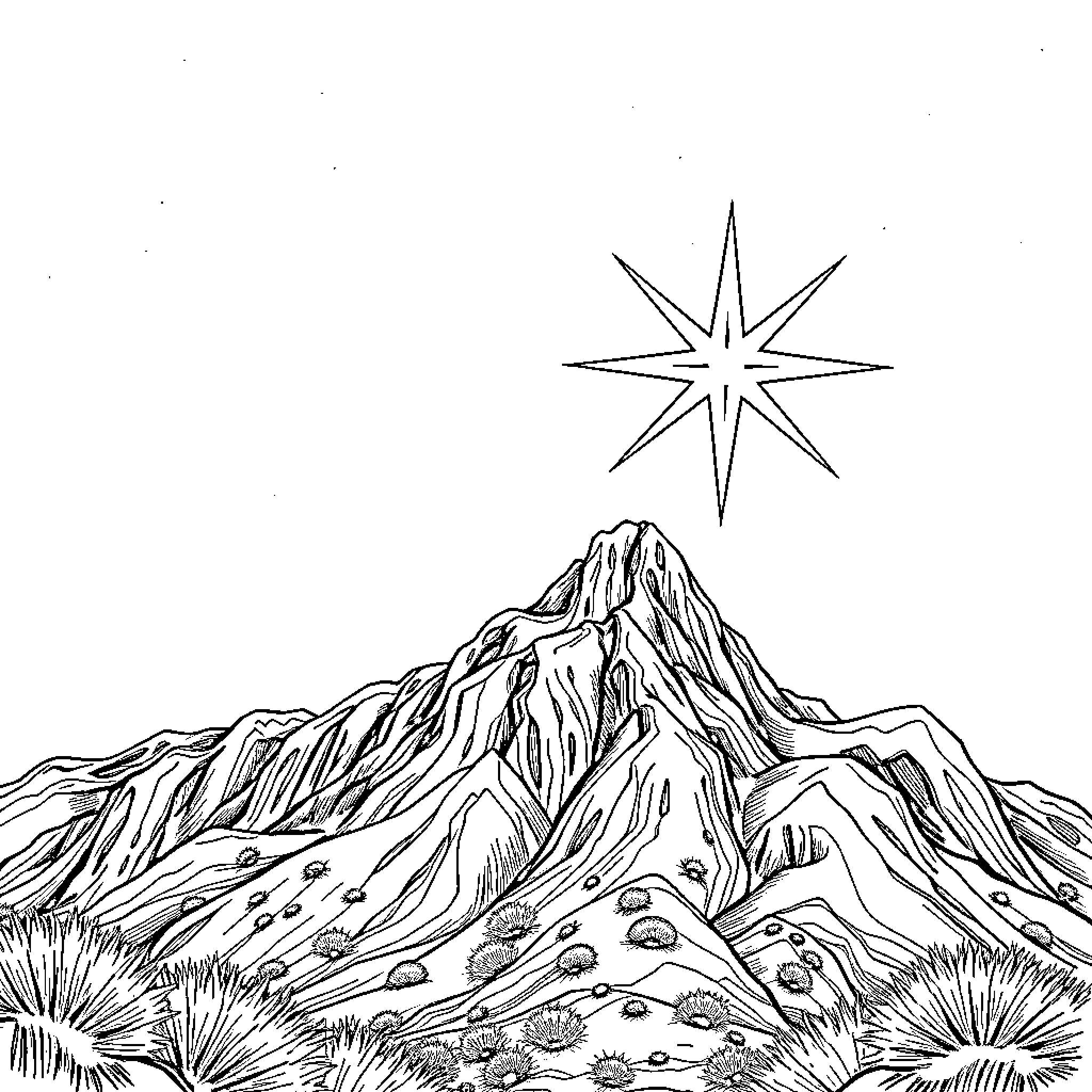 Star-Filled Sky Above Rugged Mountain Landscape Coloring Page (free black-and-white line drawing printable PDF for all, from beginners to advanced learners, including children, teens, adults, and seniors)
