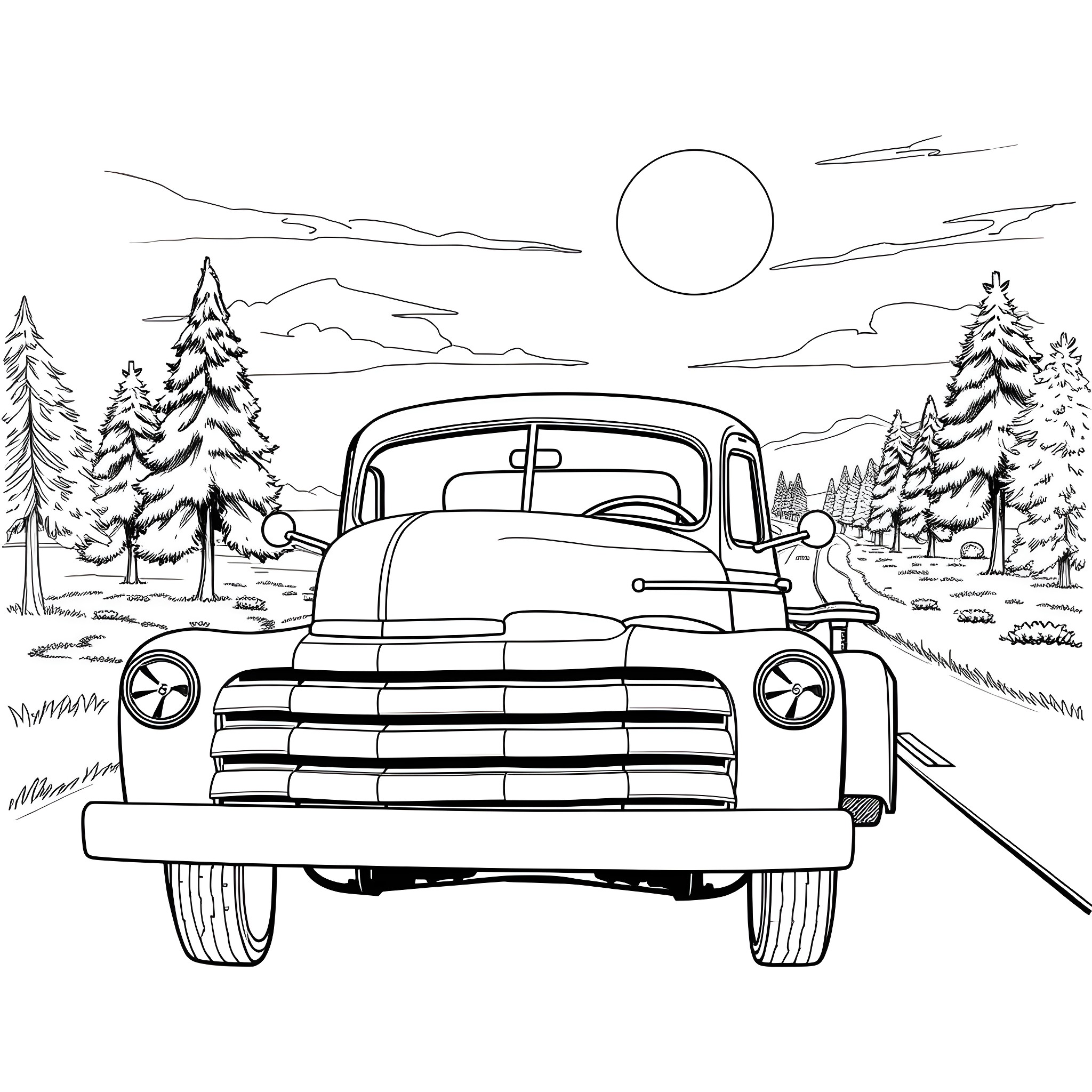Truck in snowy landscape Coloring Page (free black-and-white line drawing printable PDF for all, from beginners to advanced learners, including children, teens, adults, and seniors)