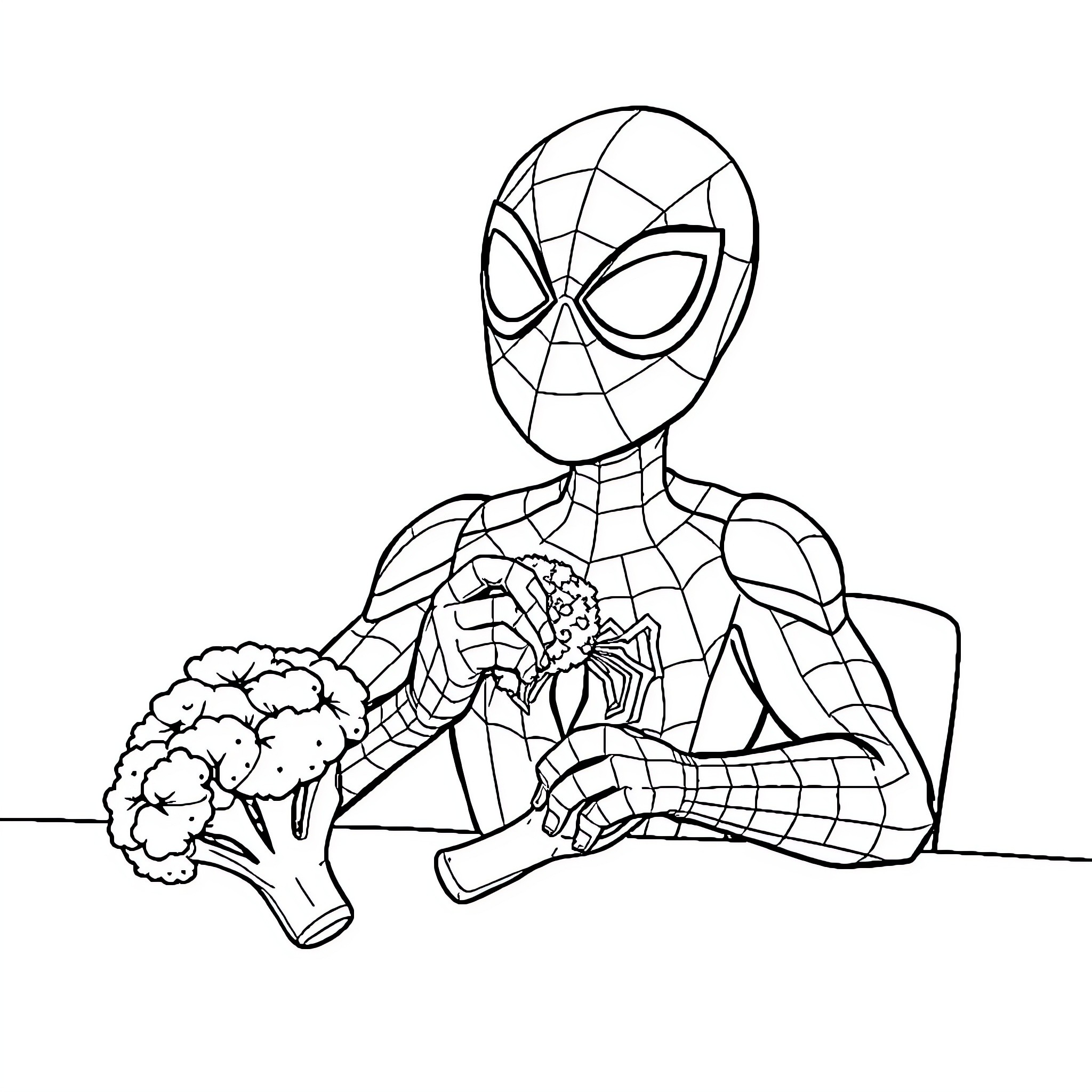 Spiderman enjoying a healthy snack Coloring Page (free black-and-white line drawing printable PDF for all, from beginners to advanced learners, including children, teens, adults, and seniors)