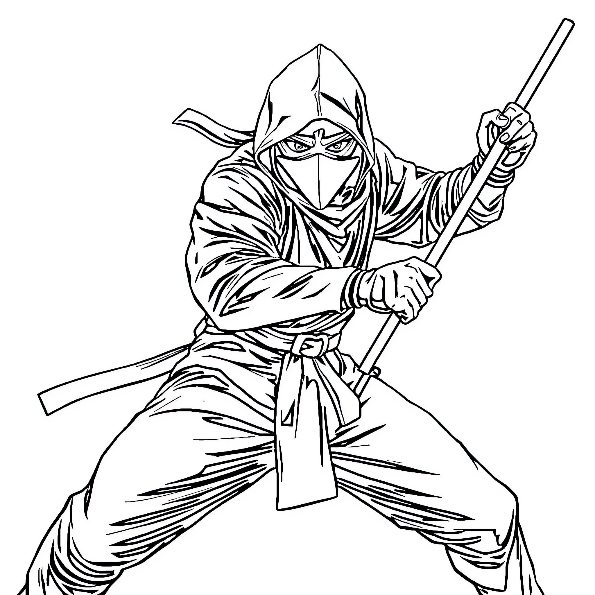 Ninja Warrior with Sword in Fighting Stance Coloring Page (free black-and-white line drawing printable PDF for all, from beginners to advanced learners, including children, teens, adults, and seniors)