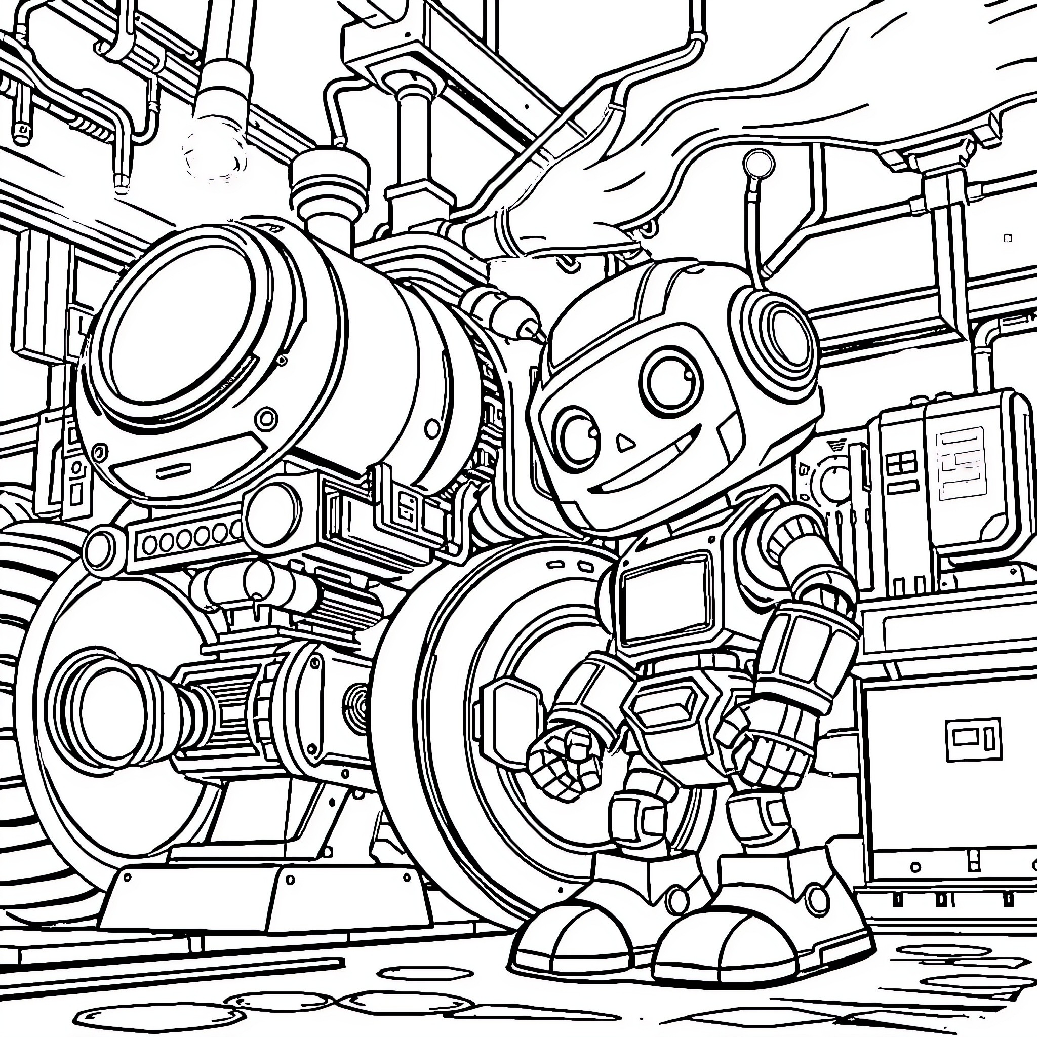 Robot Exploring Intricate Mechanical Machinery Coloring Page (free black-and-white line drawing printable PDF for all, from beginners to advanced learners, including children, teens, adults, and seniors)