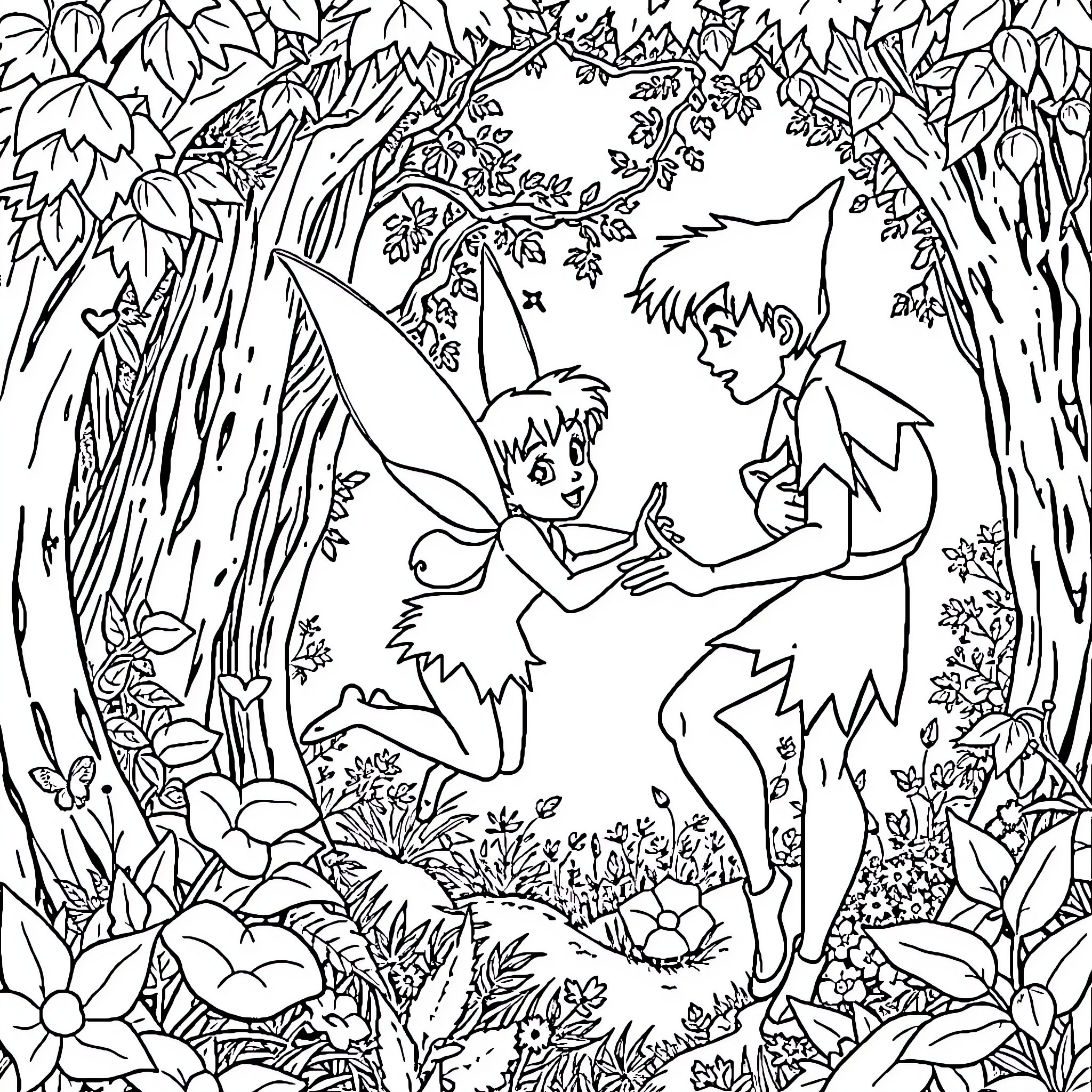 Tinkerbell and Peter Pan in the Enchanted Forest Coloring Page (free black-and-white line drawing printable PDF for all, from beginners to advanced learners, including children, teens, adults, and seniors)